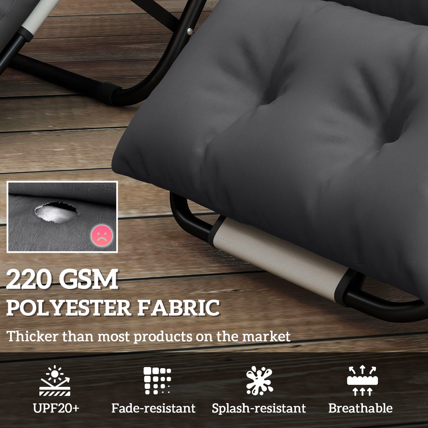 Outsunny Sun Lounger Cushions (2-Pack), 190x56x10cm, UPF20+ 220gsm Fabric, Thick, Dark Grey