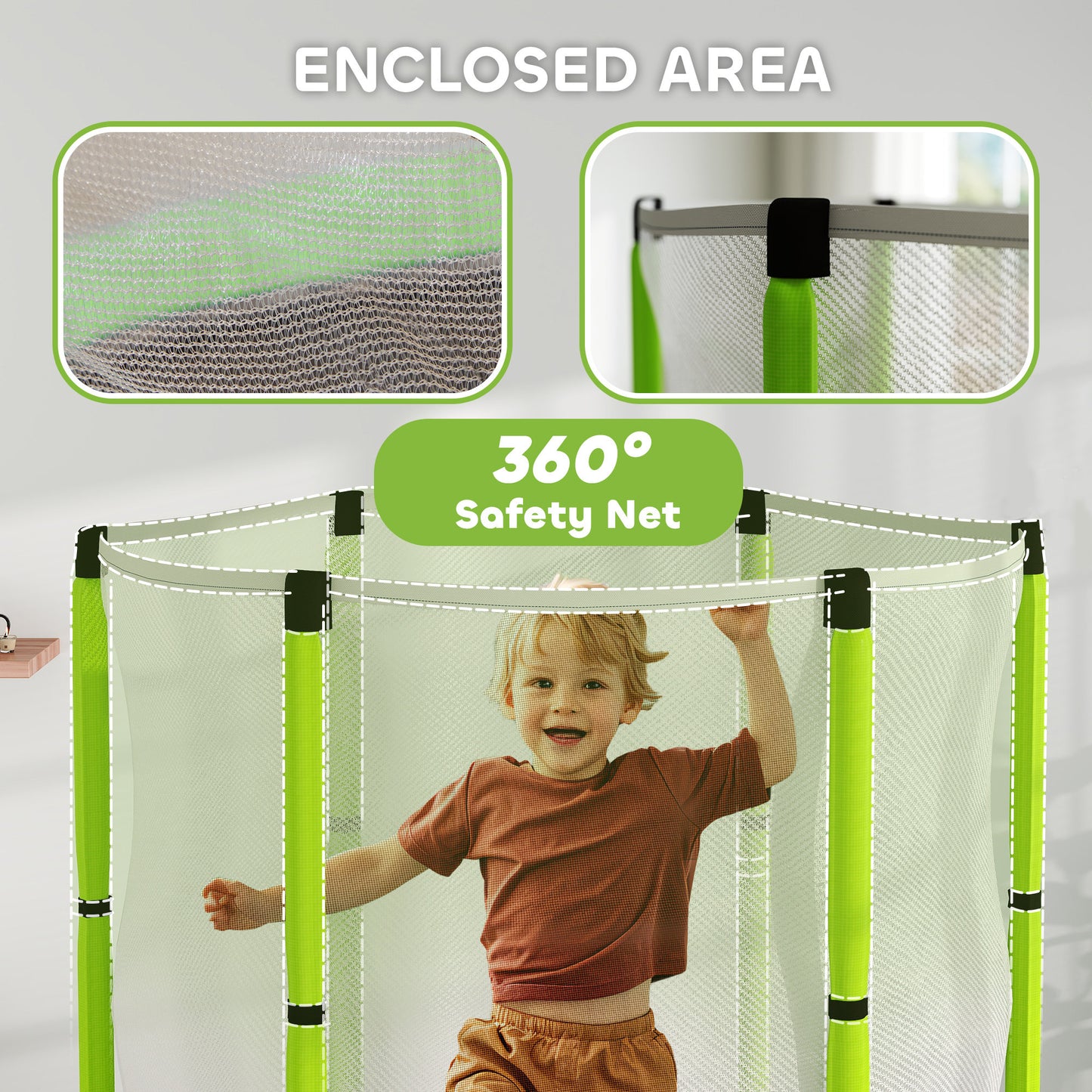 AIYAPLAY 4.6FT Toddler Trampoline w/ Safety Enclosure Net, for Indoor Outdoor Use, Ages 3-6 Years, Cloud Pattern - Green