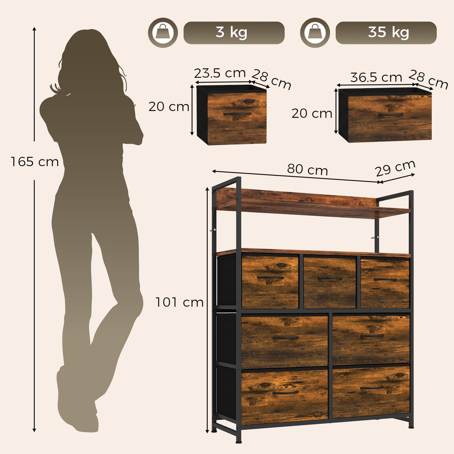HOMCOM Chest of Drawers, Bedroom Fabric Dresser with 7 Drawers, Storage Organiser Unit with Open Shelves, Rustic Brown
