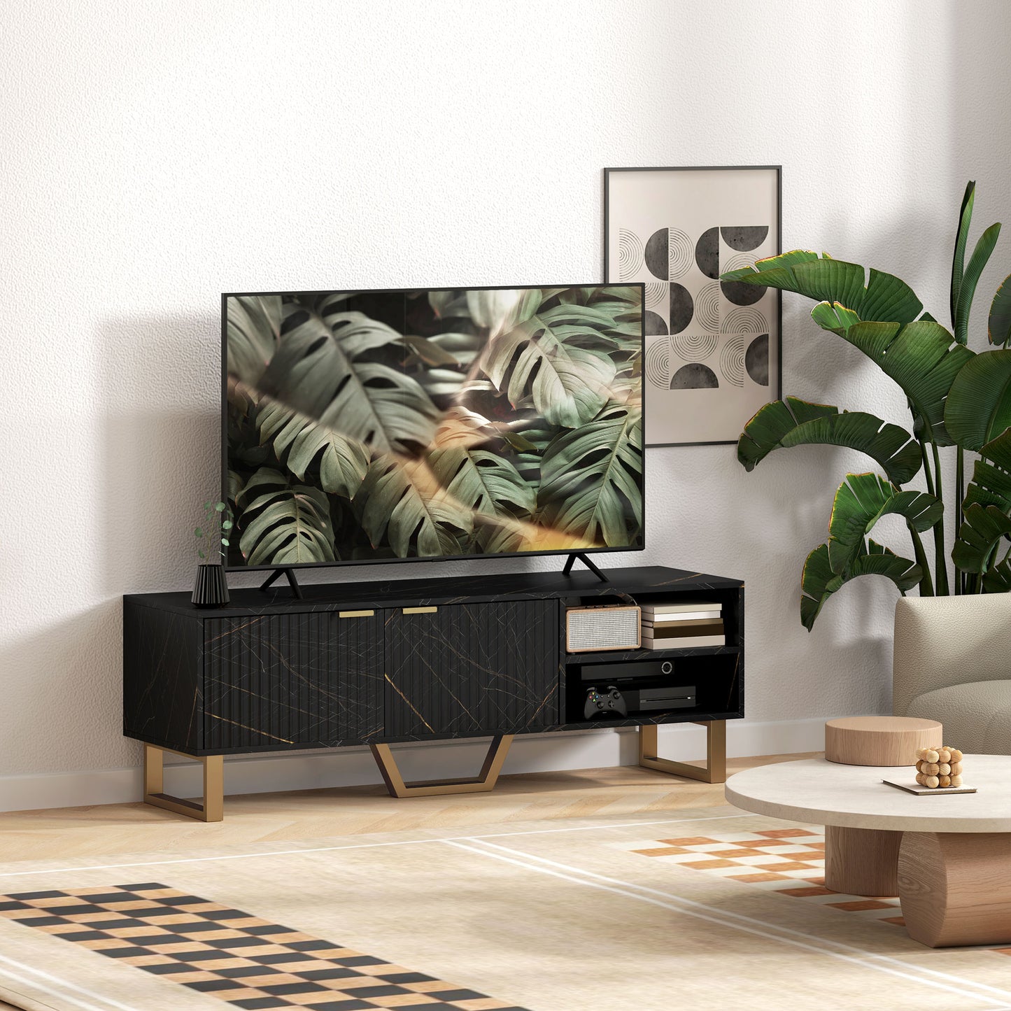 HOMCOM TV Stand Cabinet, Marble Effect, Fits up to 70" TVs, Modern Design with Shelves, Storage, Fluted Door, Cable Management, Black