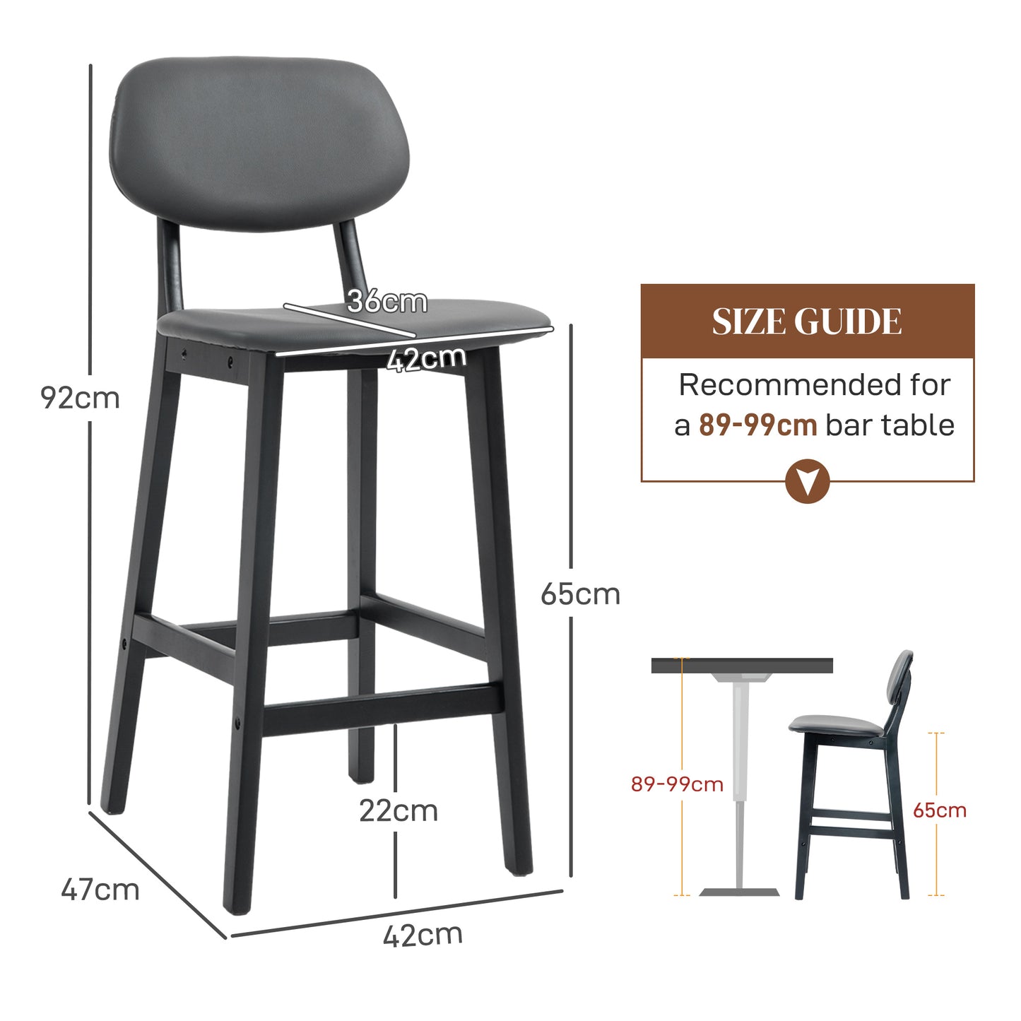 HOMCOM Set of 2 Faux Leather Bar Stools - Dark Grey