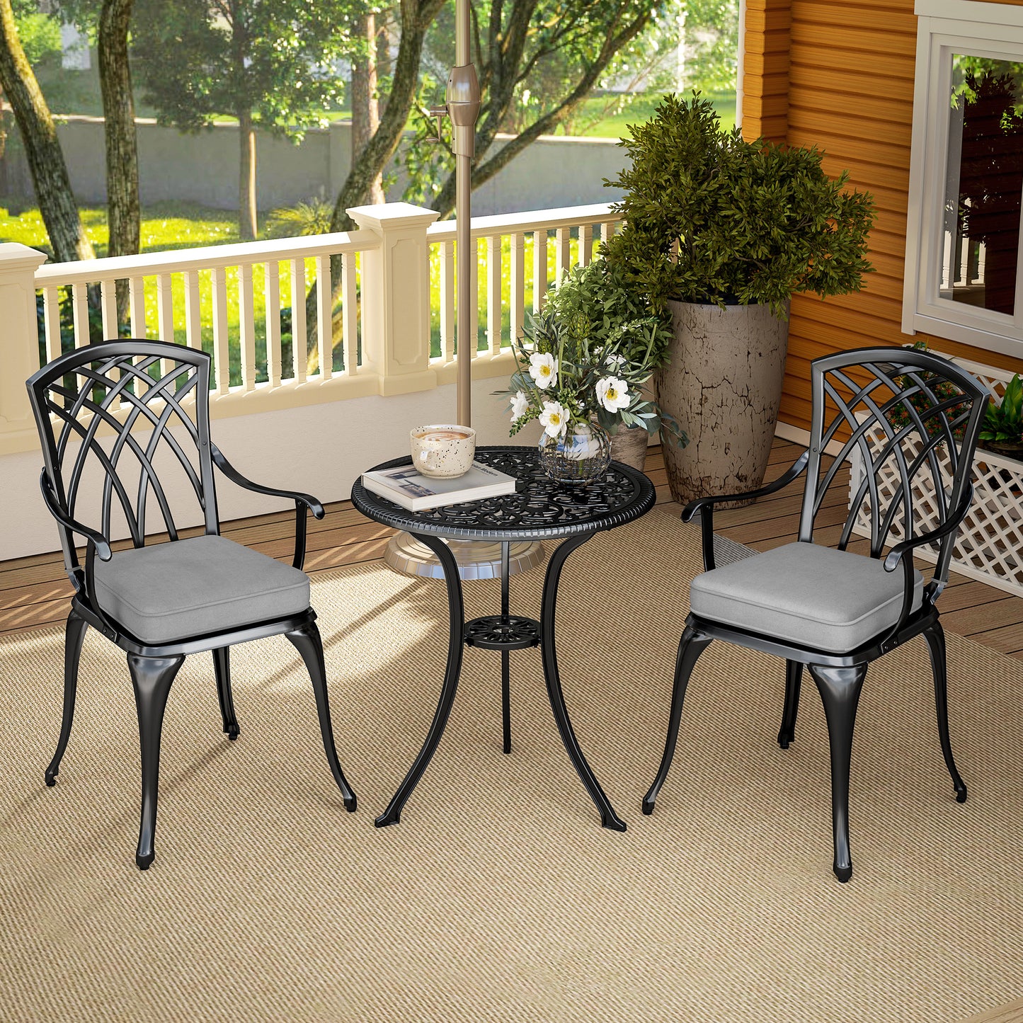 Outsunny 3 Piece Cast Aluminium Bistro Set, Rust Resistant with Parasol Hole & Cushions, Black