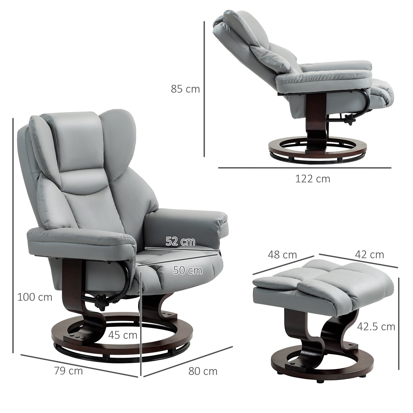 HOMCOM Faux Leather Recliner Chair and Footstool Light Grey