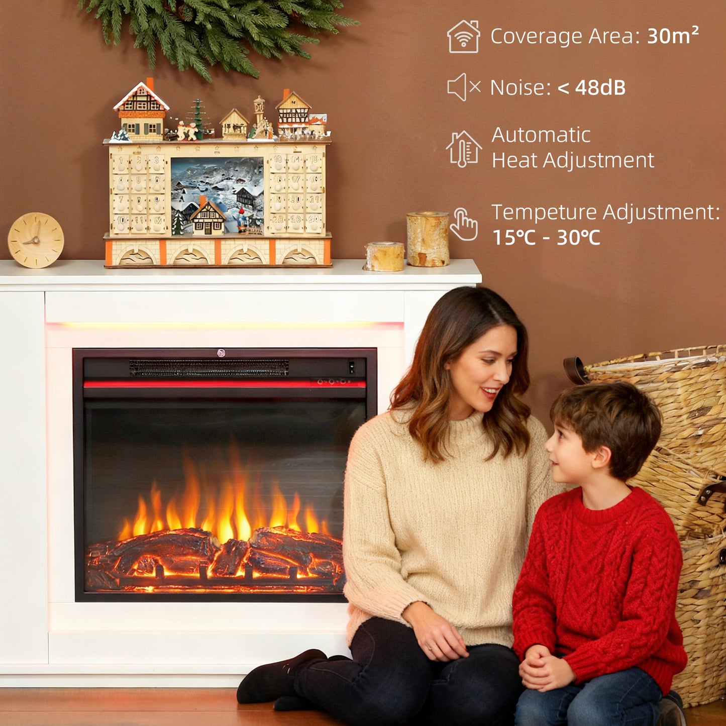 HOMCOM Electric Fireplace with 12 Flame Colours, 5 Brightness Levels, 1000W/2000W, Remote & Timer, Covers 30 m², Mantel Inset, White