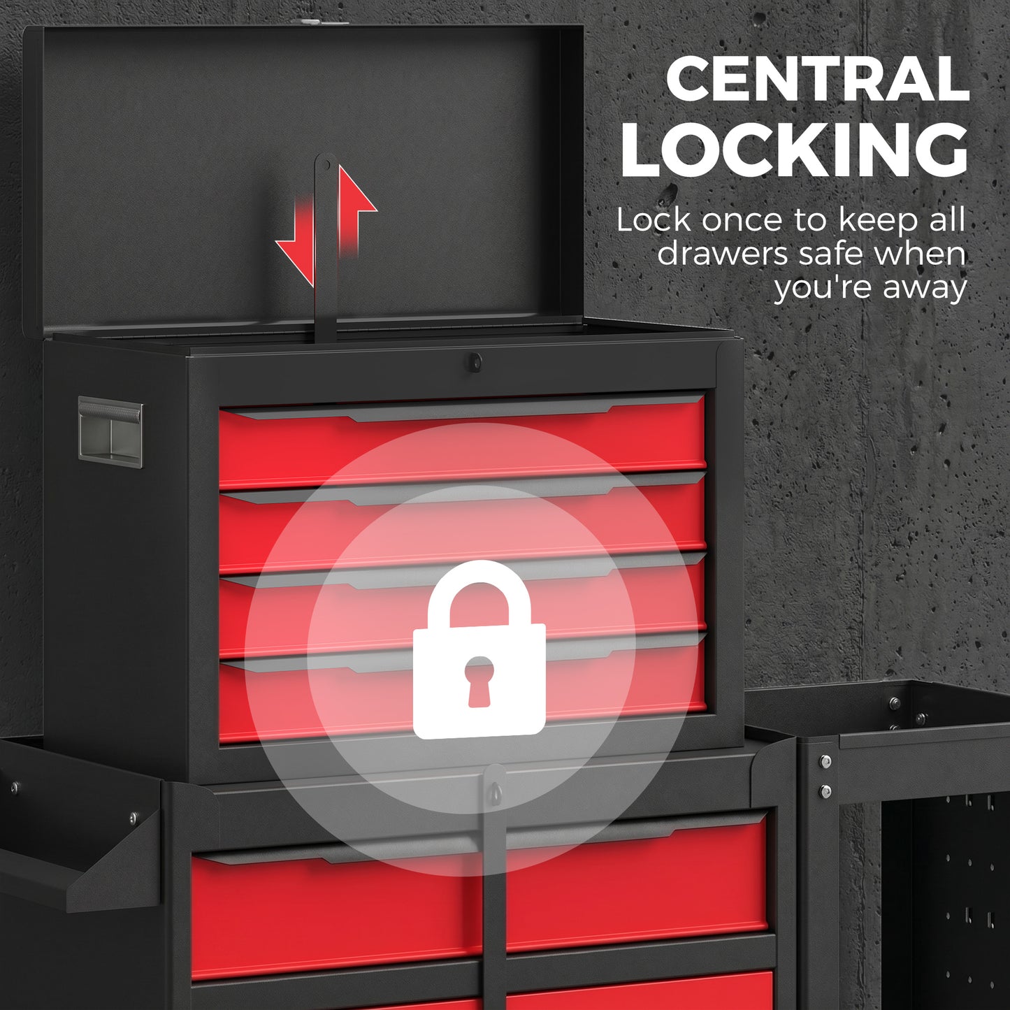 HOMCOM Tool Chest, Mobile Modular Tool Box with 5 Drawers, Side Rack, Pegboard, Lock, Tool Cabinet for Garage Workshop, Red