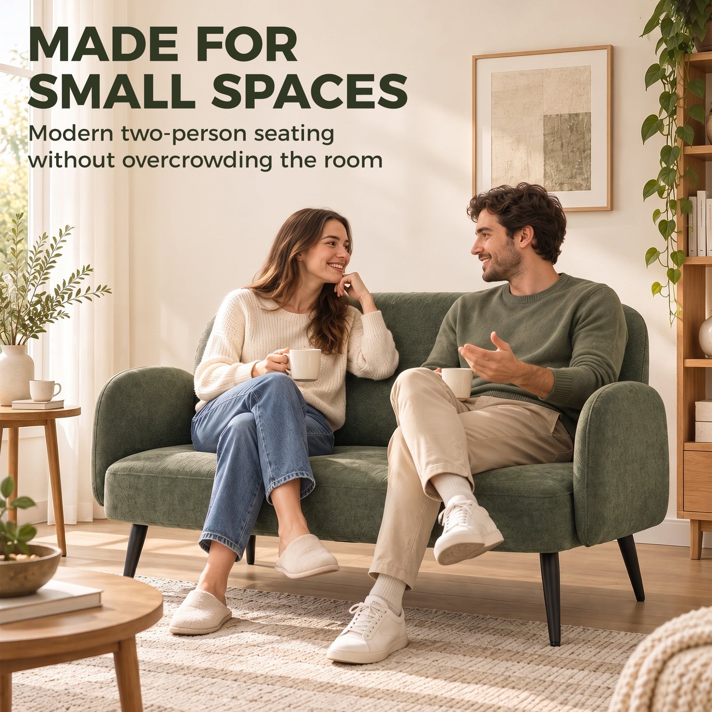 HOMCOM 132cm 2 Seater Sofa, Velvet Comfy Small Sofa Couch with Wide Seat, Thick Padding, Tapered Metal Legs, Green