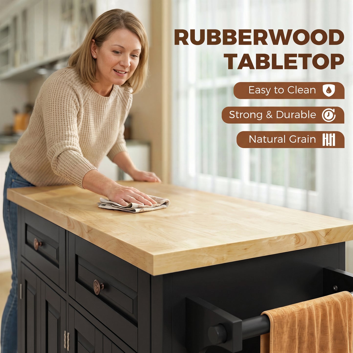 HOMCOM Kitchen Island on Wheels, Rolling Kitchen Trolley with Rubberwood Top, 2 Drawers, Adjustable Shelves, Black