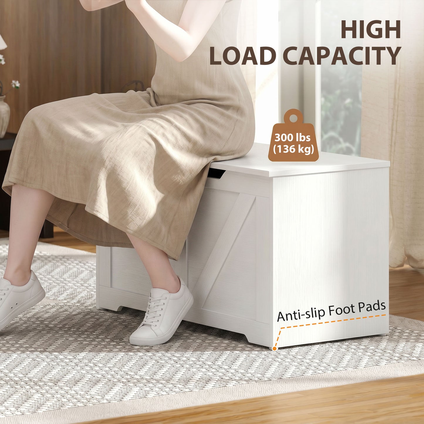 HOMCOM 127L Home Storage Box, with Safety Hinges - White Wood-Effect
