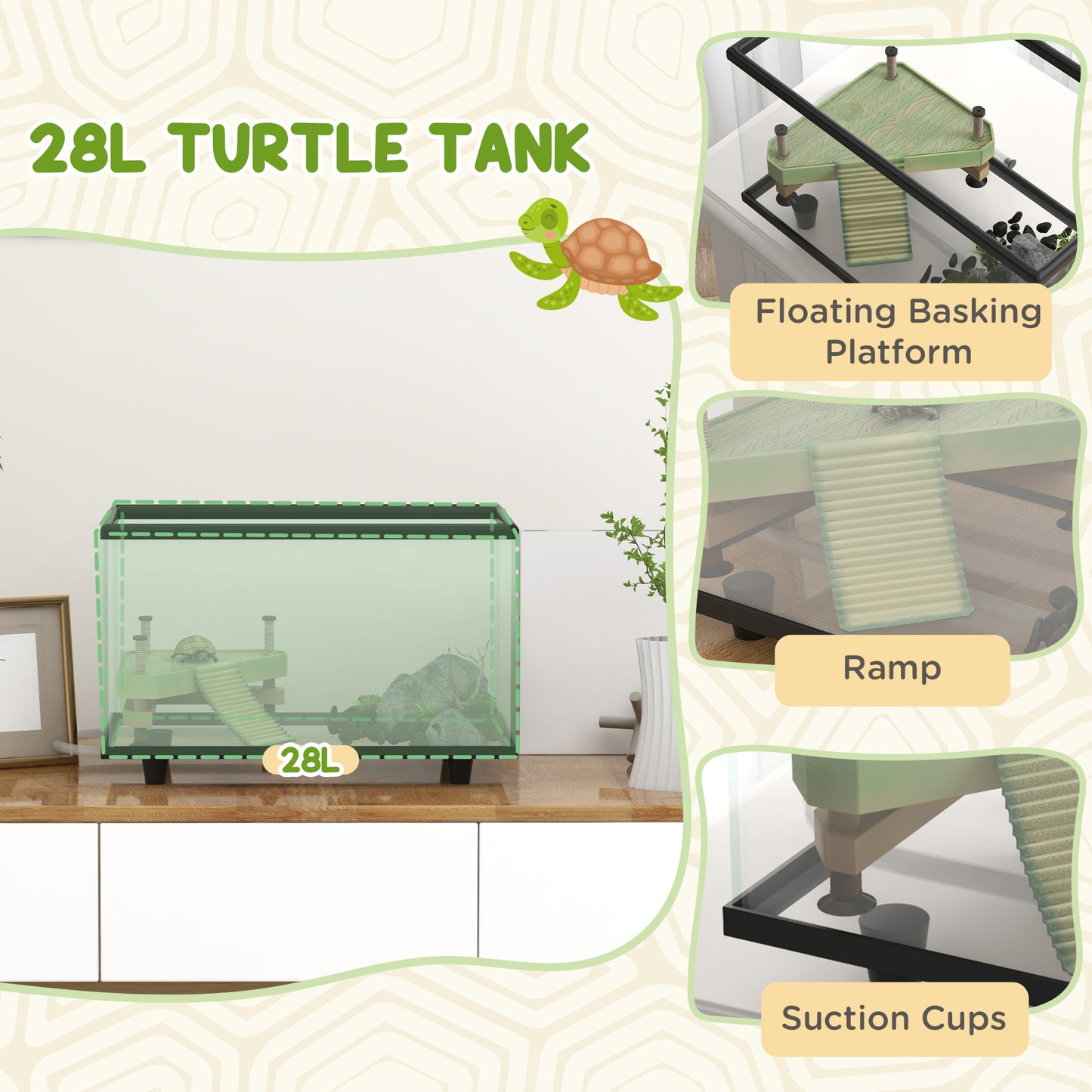 PawHut 28L Glass Turtle Tank Aquarium with Basking Platform, Easy-Drain, Strip Patch Thermometer