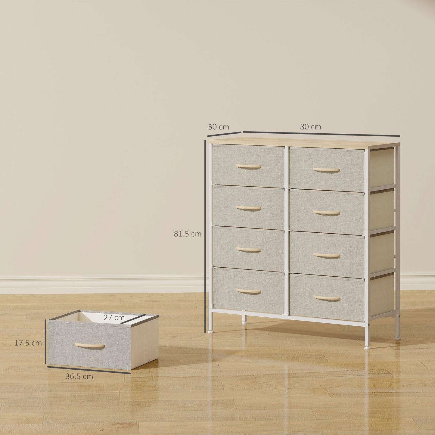 HOMCOM Industrial Chest of Drawers, 8 Fabric Drawers, Steel Frame, Wooden Top, for Nursery, Living Room, Hallway, Maple Wood-effect