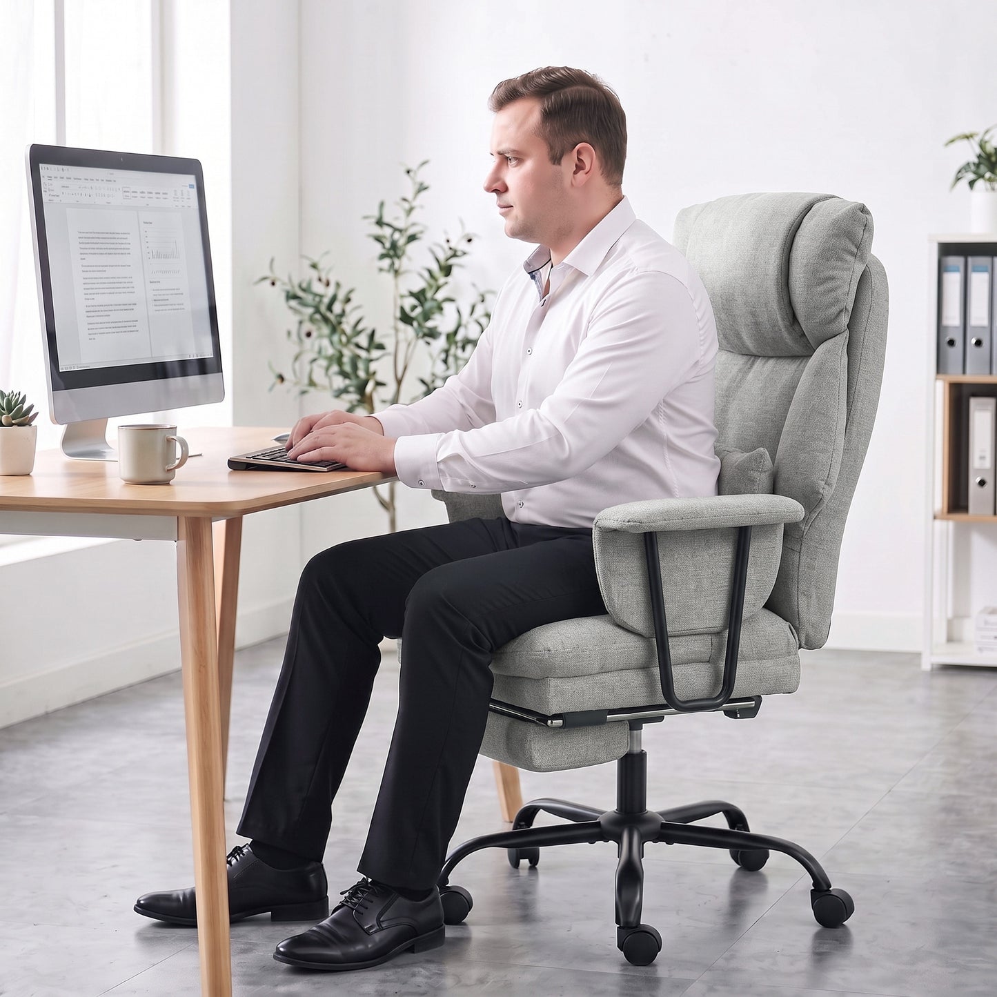 HOMCOM Office Chair, 180kg Heavy Duty Linen Computer Desk Chair with Lumbar Support, Wide Seat, Spring Cushion, Grey