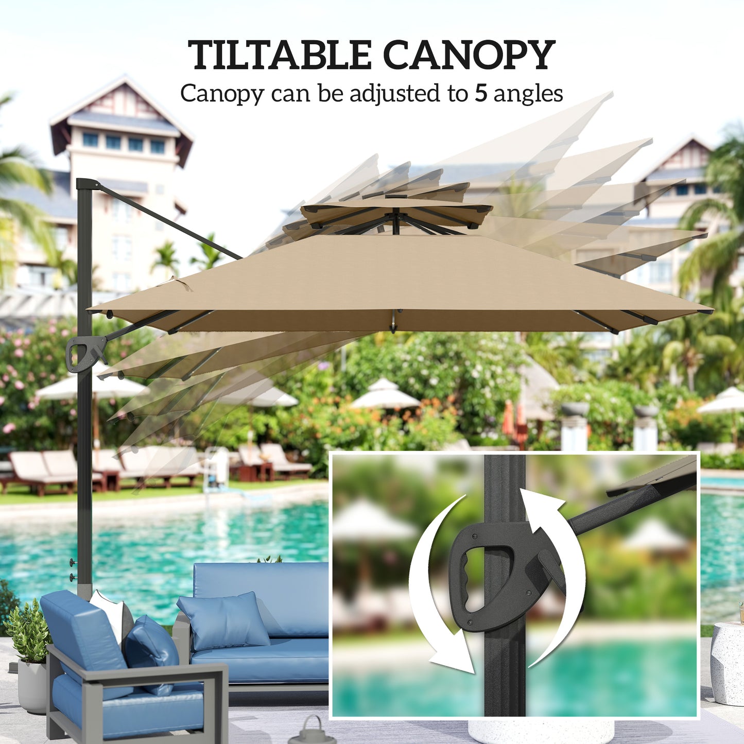 Outsunny Garden Cantilever Parasol, Solar LED, Centre Light, Aluminium, UPF50+ Sun Shade, Cross Base, Crank Tilt, 3.5x3m, Khaki
