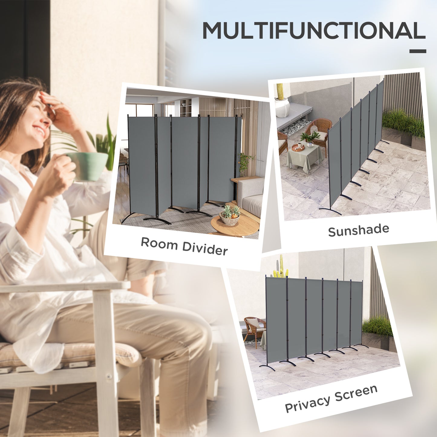 Outsunny 6 Panel Folding Room Divider Foldable Freestanding Garden Privacy Screen, 332 x 172 cm, Dark Grey