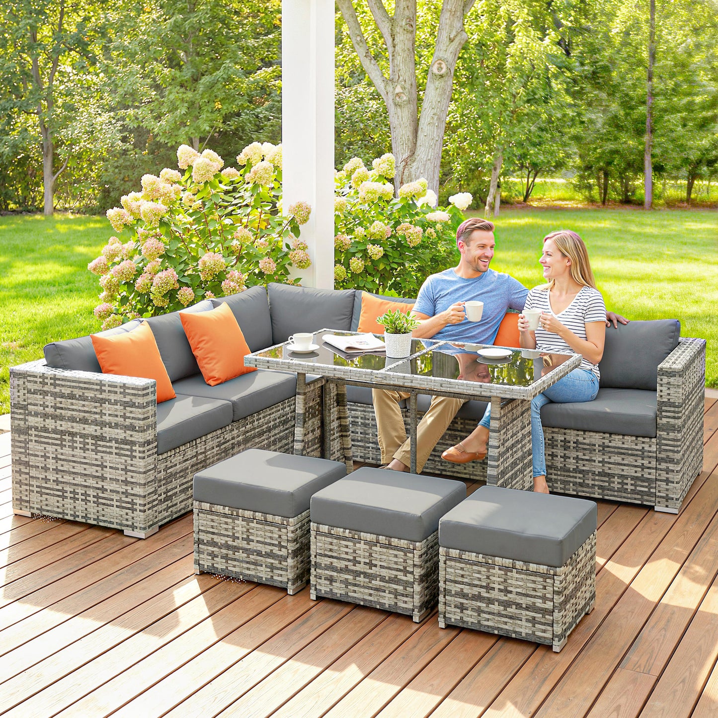 Outsunny 10 Piece Rattan Garden Furniture Set, 2 Corner Sofas with 4 Chairs, 4 Stools and Coffee Table, Outdoor Patio Furniture