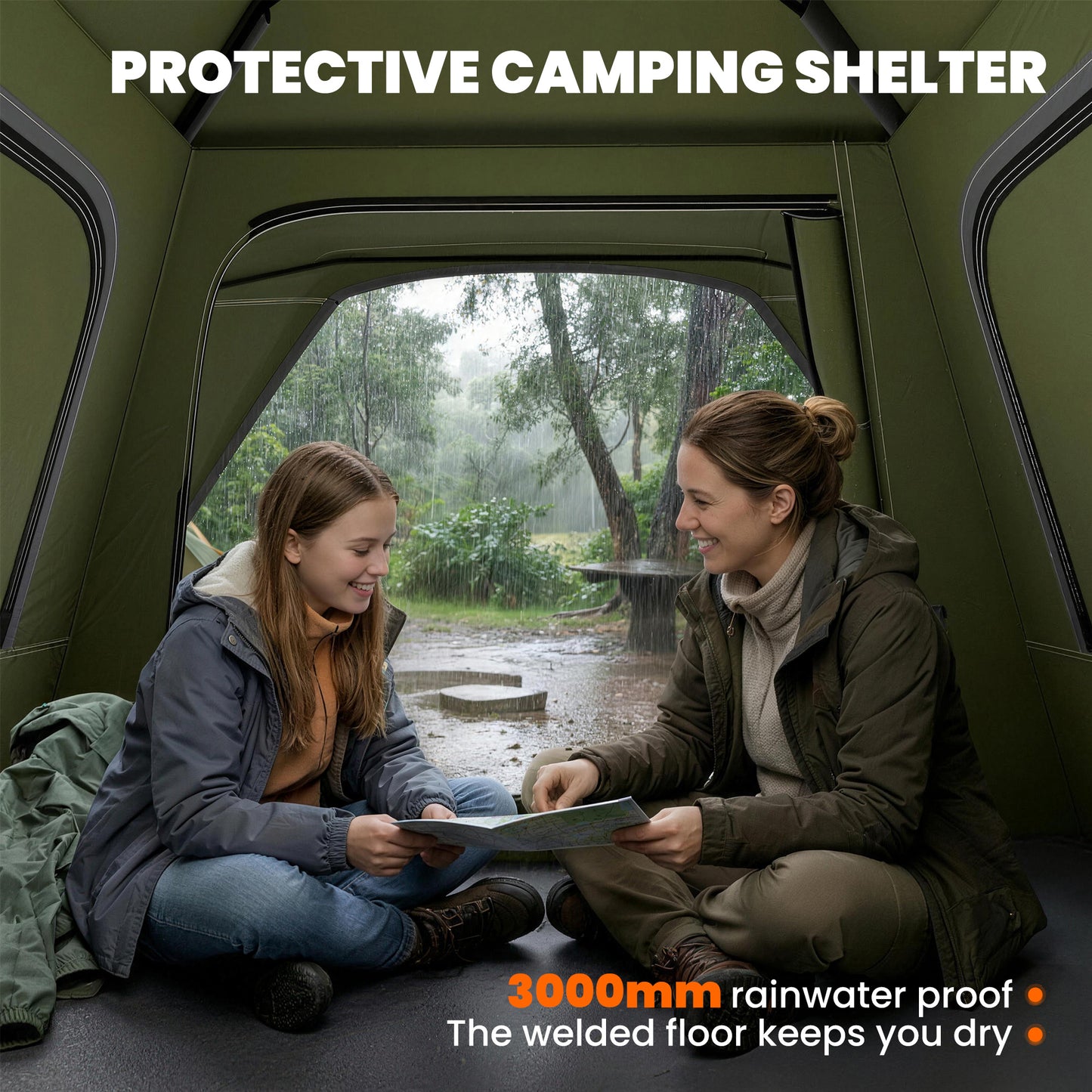 Outsunny Pop Up Tent 3000mm Waterproof Camping Tents with Mesh Windows 3-4 People Green
