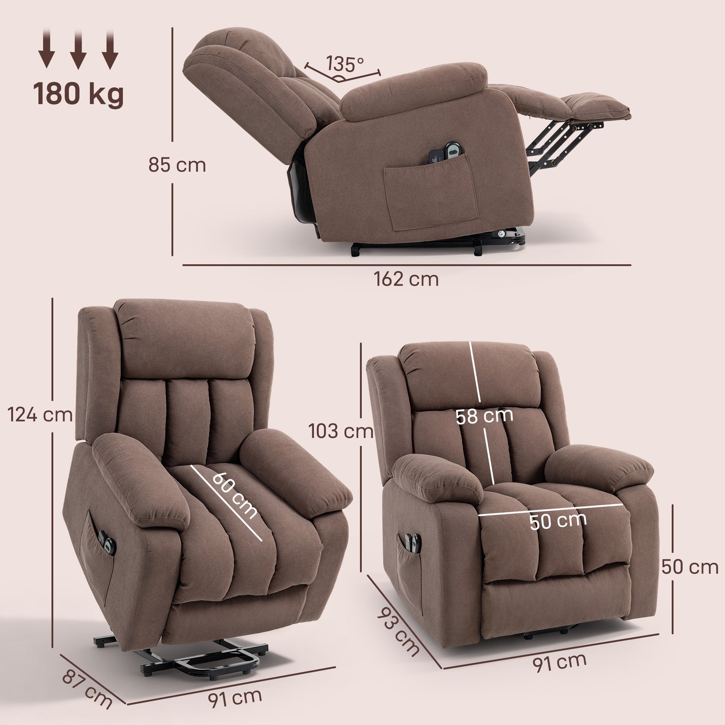 HOMCOM Eight-Point Massage Electric Lift Chair - Dark Brown