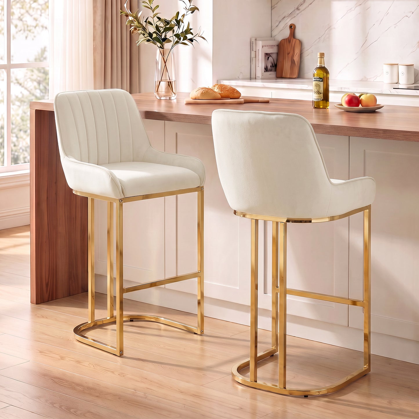 HOMCOM Bar Stools Set of 2 with Backrest, Footrest, Gold Electroplated Legs for Kitchen Island, Dining Room, Cream White