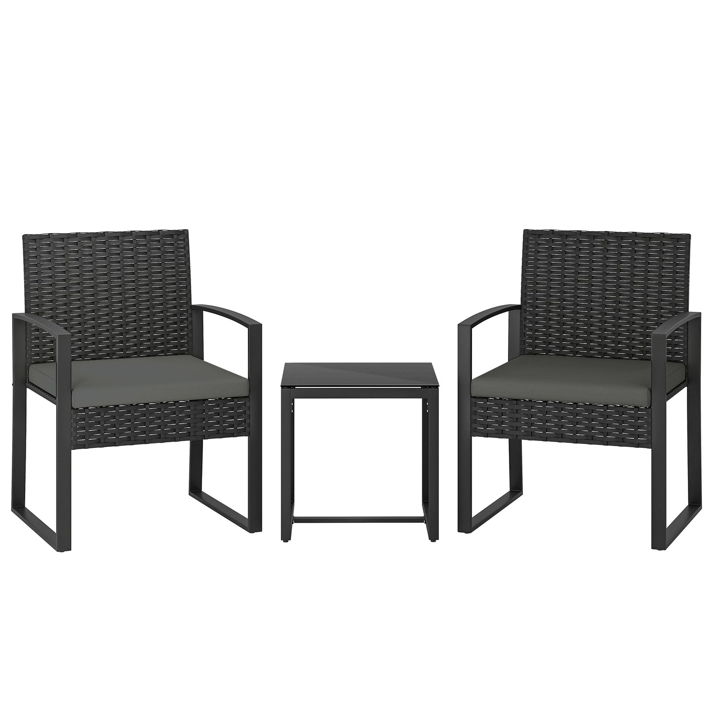 Outsunny Rattan Bistro Set, 3 Piece Garden Furniture Set with Glass Top Table and Cushions, Dark Grey