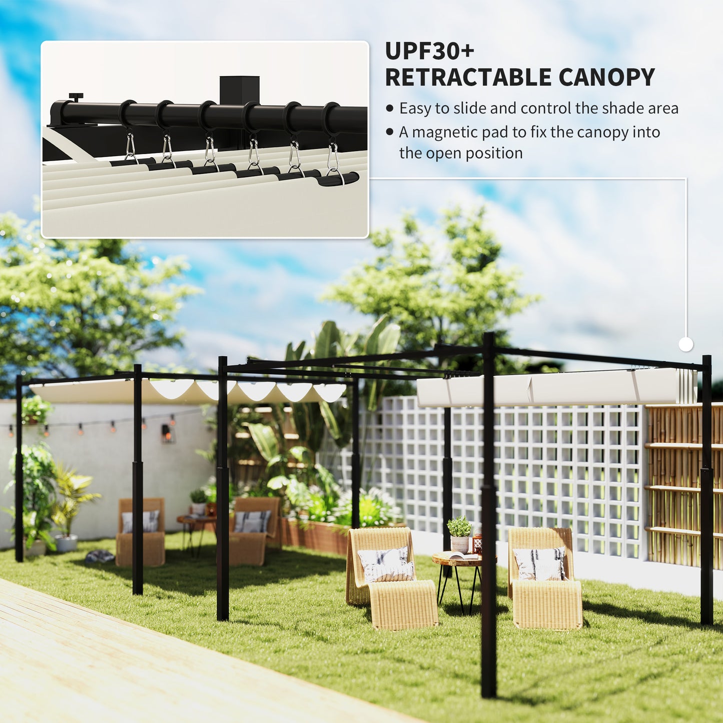 Outsunny 3x3m Garden Pergola with Retractable Roof, Sun Shade Canopy, Cream White