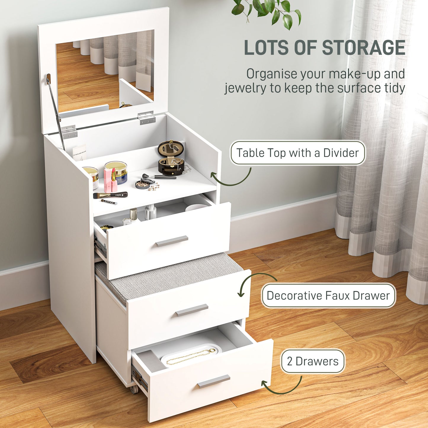 HOMCOM Vanity Desk with Mirror, Modern Dressing Table and Stool w/2 Drawers, Wheels, Flip-Up Mirror, Shelf, White