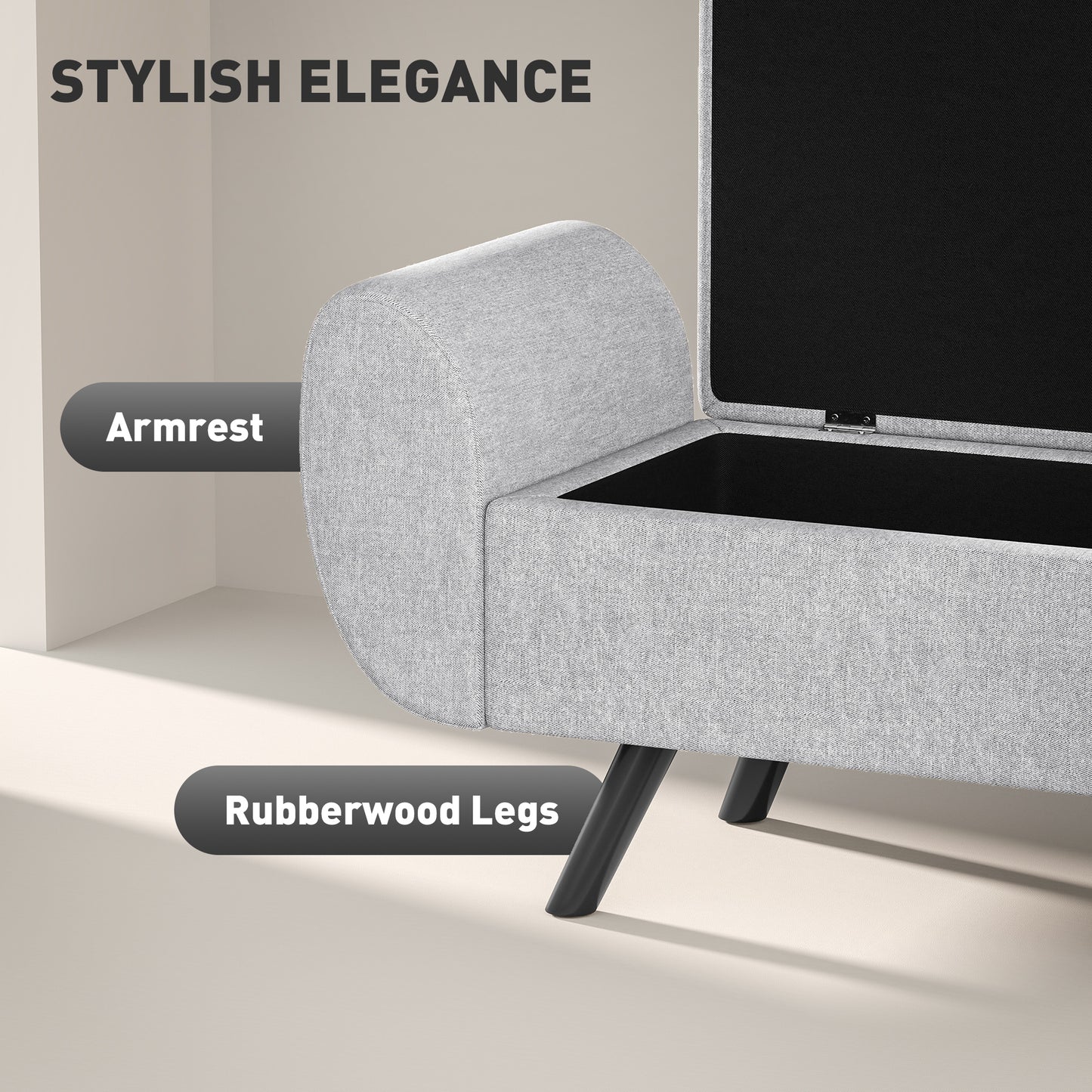 HOMCOM Storage Ottoman with Armrest, Upholstered Linen Bench, Rubberwood Legs, Footstool for Bedroom, Living Room, Hallway, Light Grey