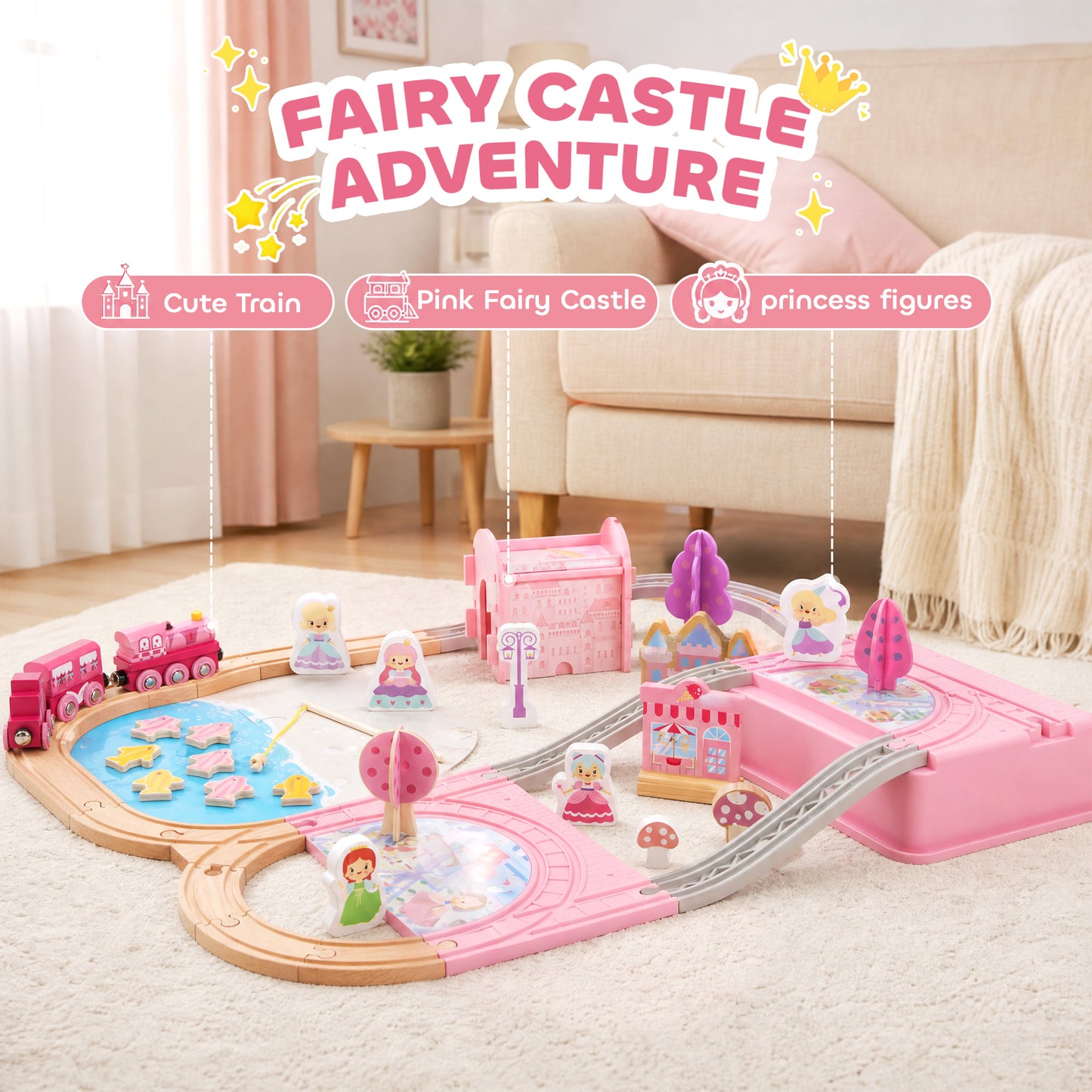 AIYAPLAY Wooden Train Set, 58PCS Train Track Set with 17 Track Pieces, 5 Princess Figures and Accessories