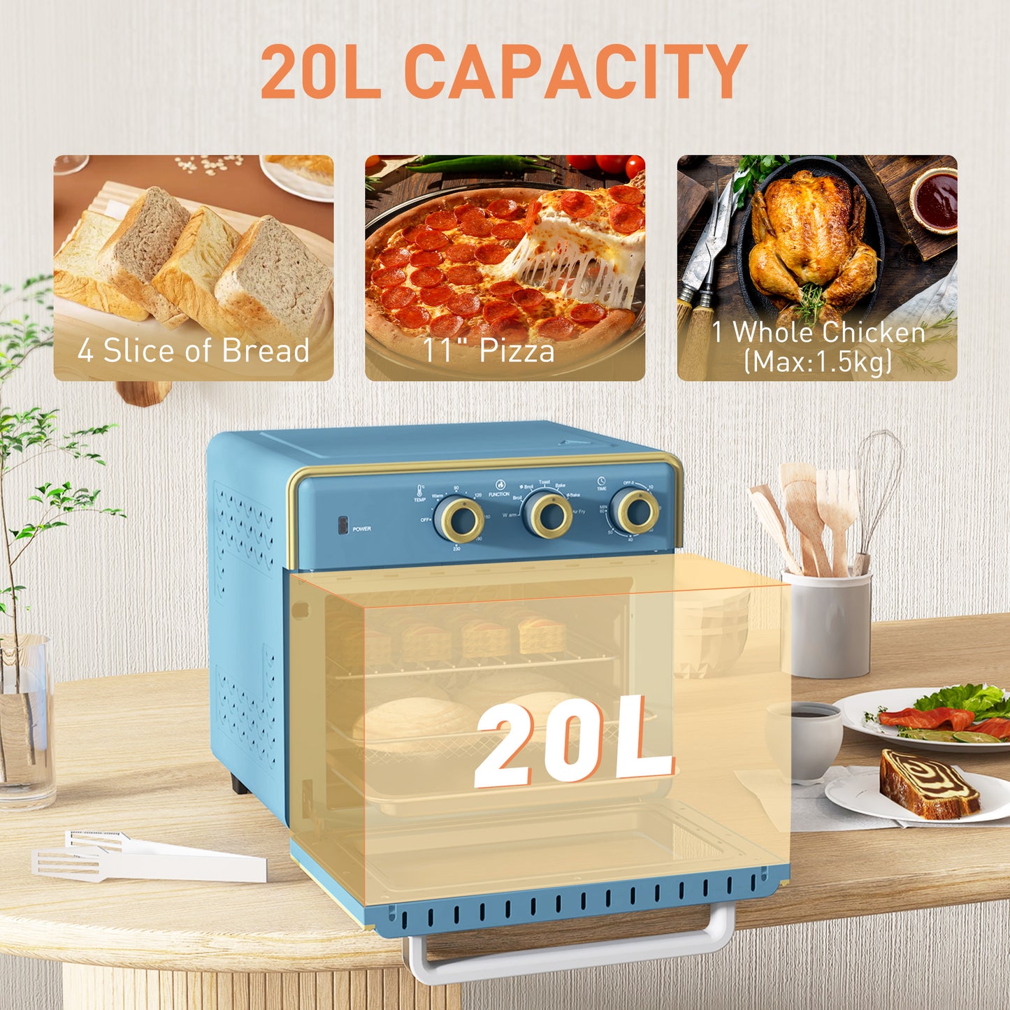 HOMCOM 20L 90-230°C Mini Electric Oven - Blue