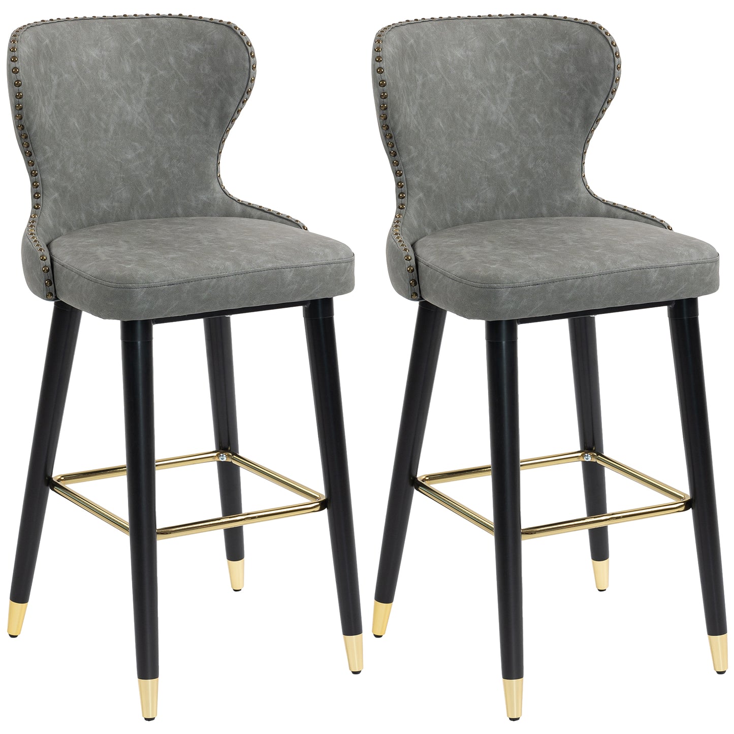 HOMCOM Bar Stools Set of 2, PU Leather Barstools with Back, Footrest and Wood Legs for Kitchen, Counter, Breakfast Bar, Grey