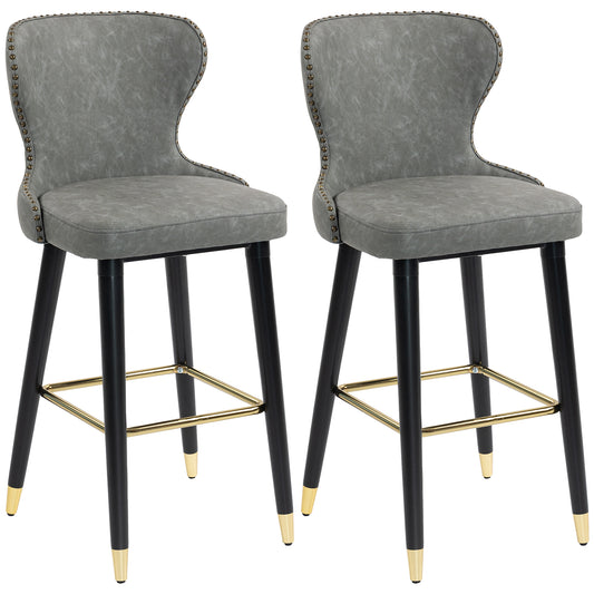 HOMCOM Bar Stools Set of 2, PU Leather Barstools with Back, Footrest and Wood Legs for Kitchen, Counter, Breakfast Bar, Grey