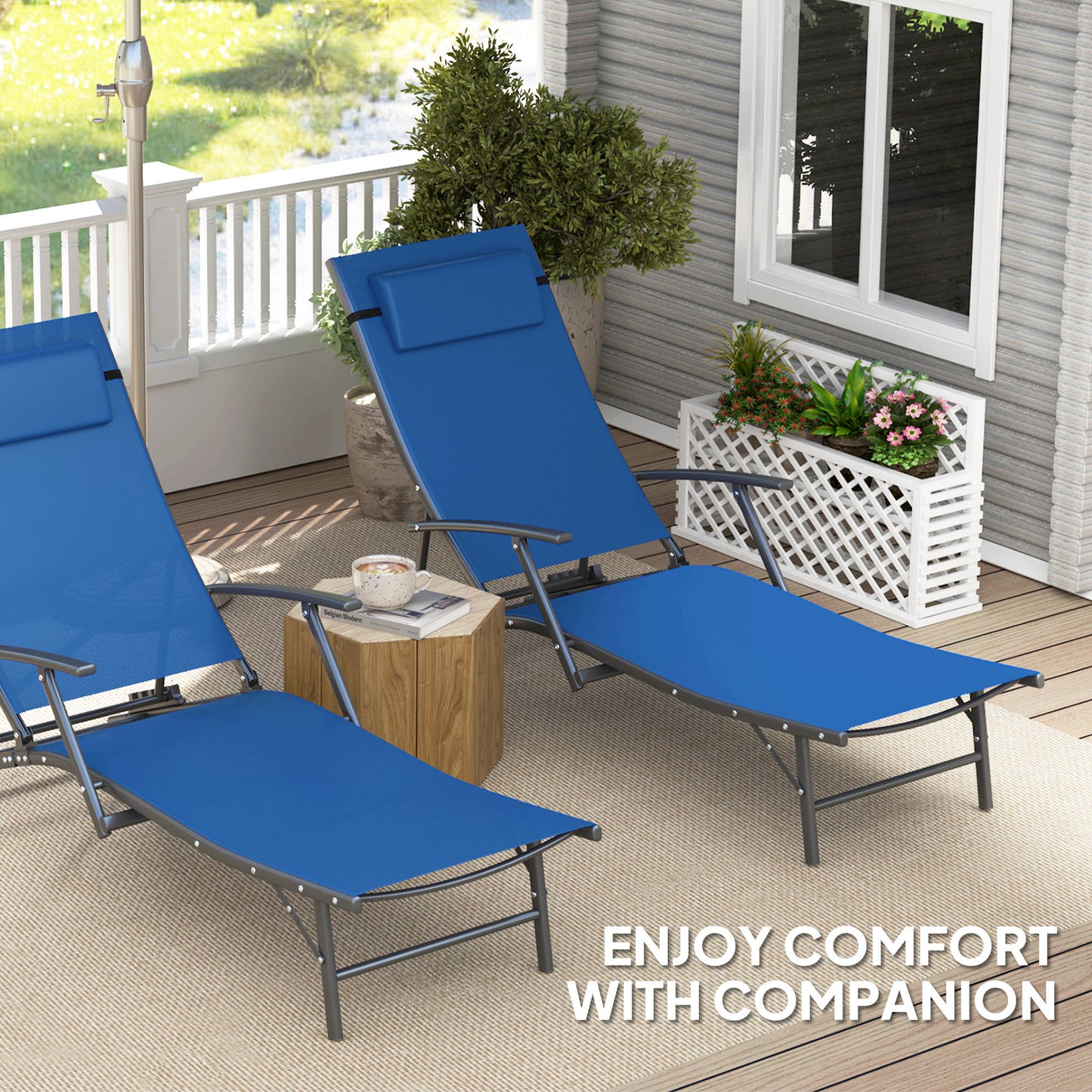 Outsunny Set of 2 Folding Sun Loungers, 4-Position Adjustable with Armrests, Pillows, Steel Frame, Blue