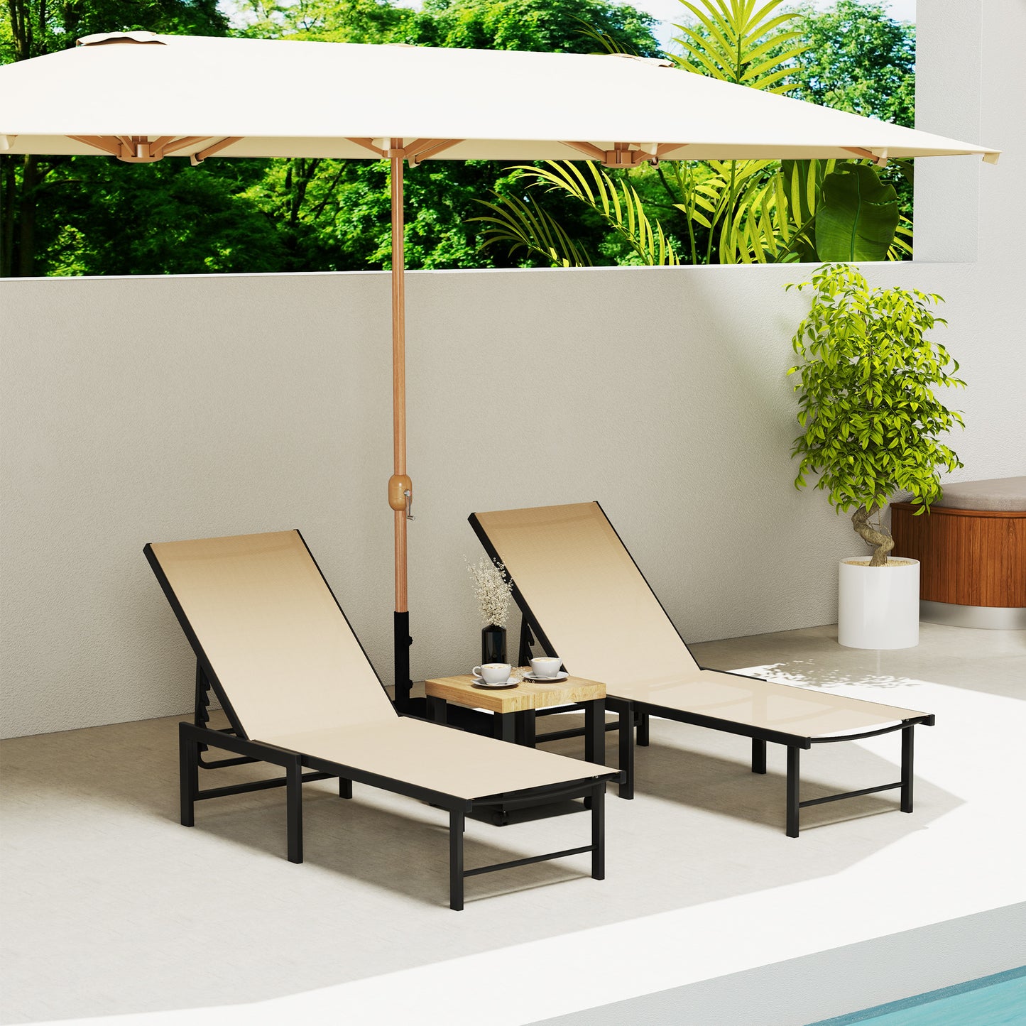 Outsunny 5-Level Adjustable Sun Lounger Chairs, Set of 2, Steel Frame Garden Sunbed with Texteline Seat for Patio, Beach, Khaki