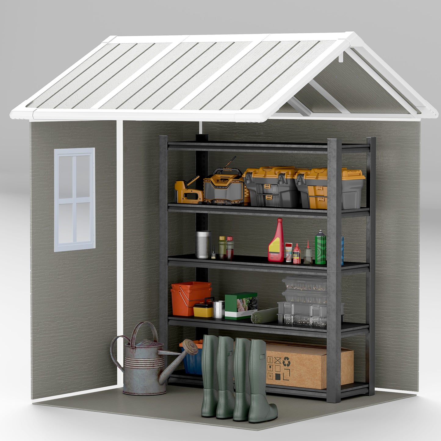 Outsunny 6 x 6ft Garden Shed, Plastic Shed with Floor, Window, Lockable Doors and Vents, Wood Effect Resin Tool Shed for Outdoor Patio, Grey