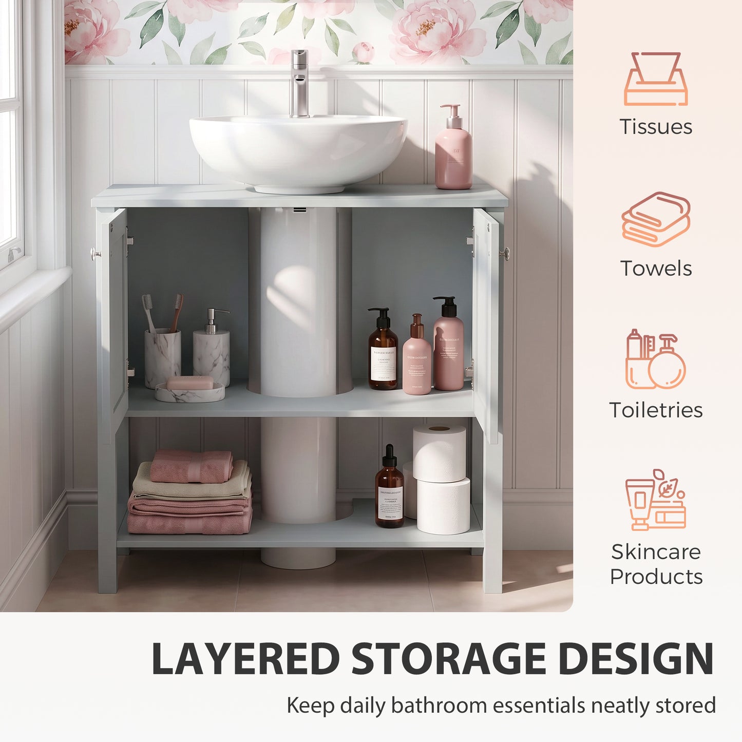 HOMCOM Under Sink Bathroom Cabinet with 2 Doors, Open Shelf and U-Shape Cut-Out for Basin with or without Pedestal, Light Blue