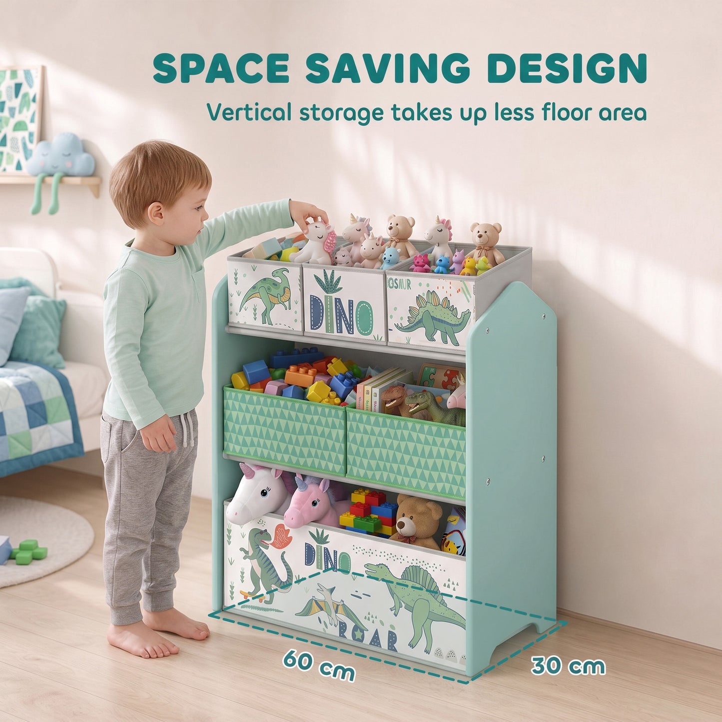 AIYAPLAY Toy Storage Organiser, 3-Tier Wooden Kids Toy Storage Rack with 6 Fabric Storage Bins for Bedroom, Kids Room, Green