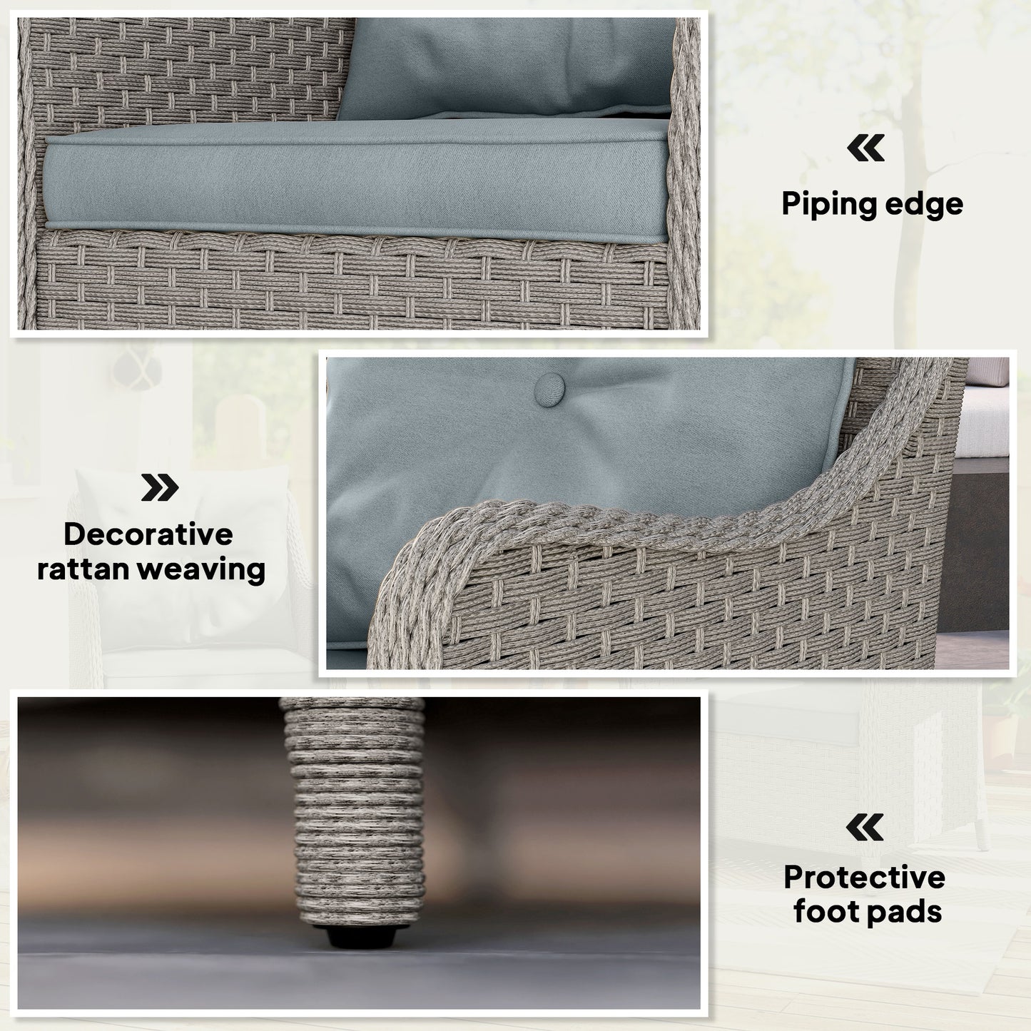 Outsunny Rattan Garden Chairs Set of 2, Outdoor Chairs with Cushions, Armrests, High Back, Steel Frame for Balcony, Porch, Light Grey