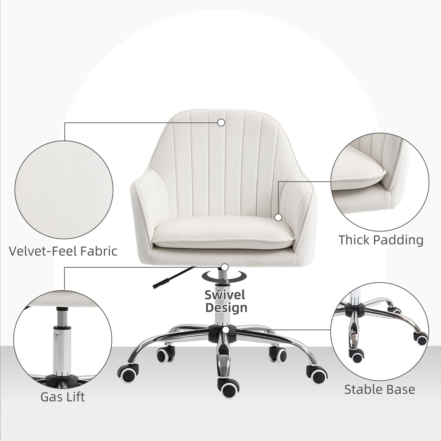 HOMCOM Velvet-Feel Office Chair with Adjustable Height and Wheels - Cream White