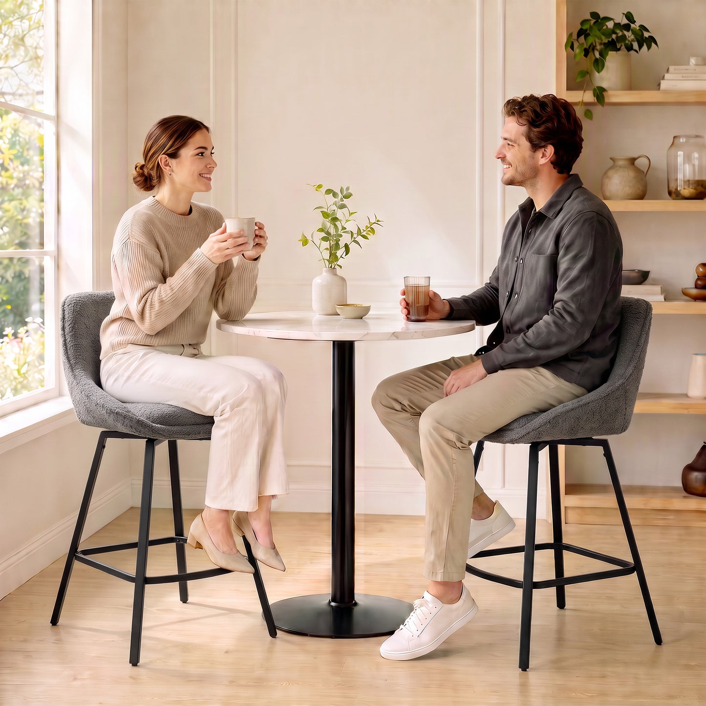 HOMCOM Bar Stools Set of 2, 64 cm Modern Linen-Touch Fabric 360° Swivel Counter Height Bar Chairs, Dark Grey