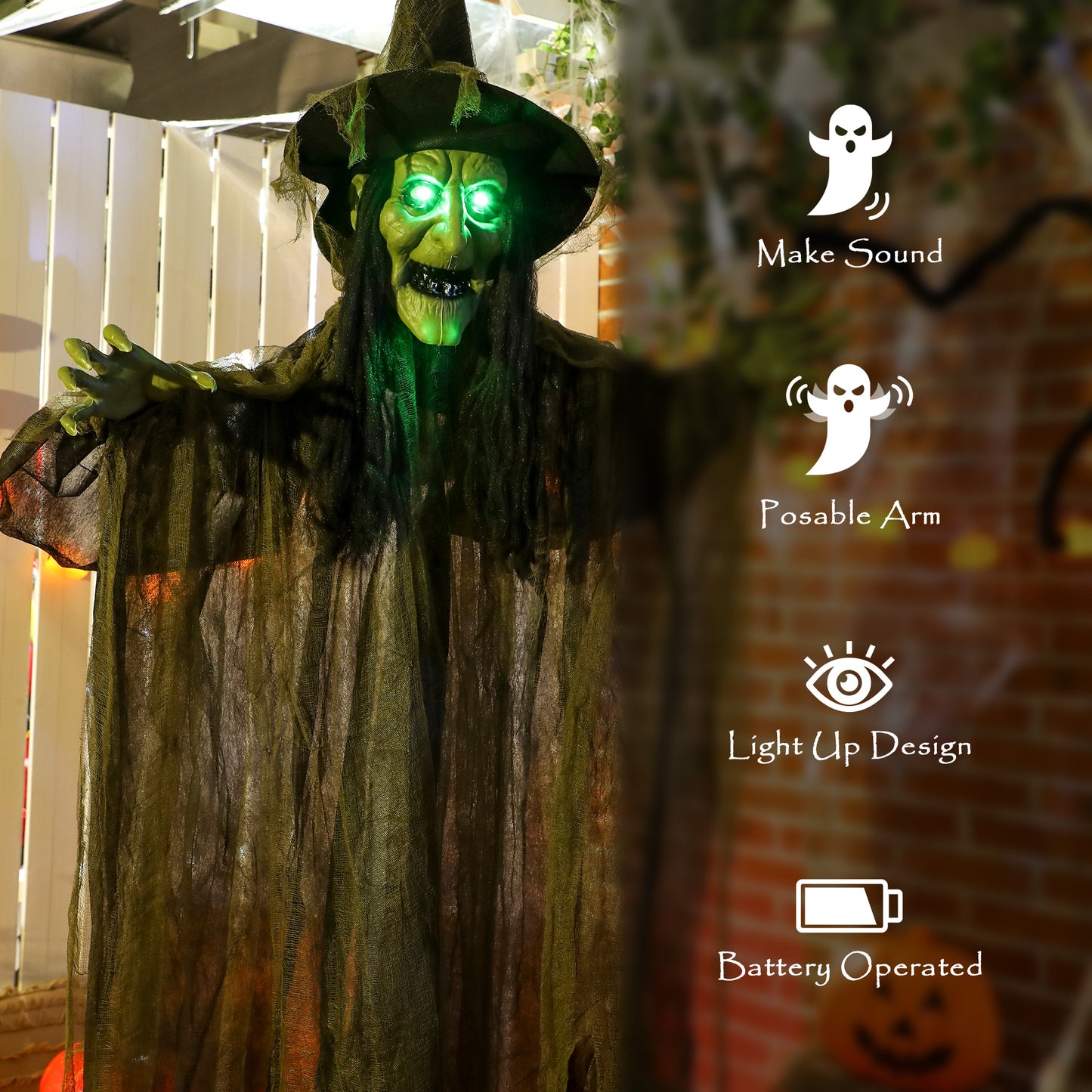 Outsunny Life Size Hanging Halloween Animated Witch with LED Eyes, Spooky Battery Operated Decorations, Indoor Props, 170 cm, Black