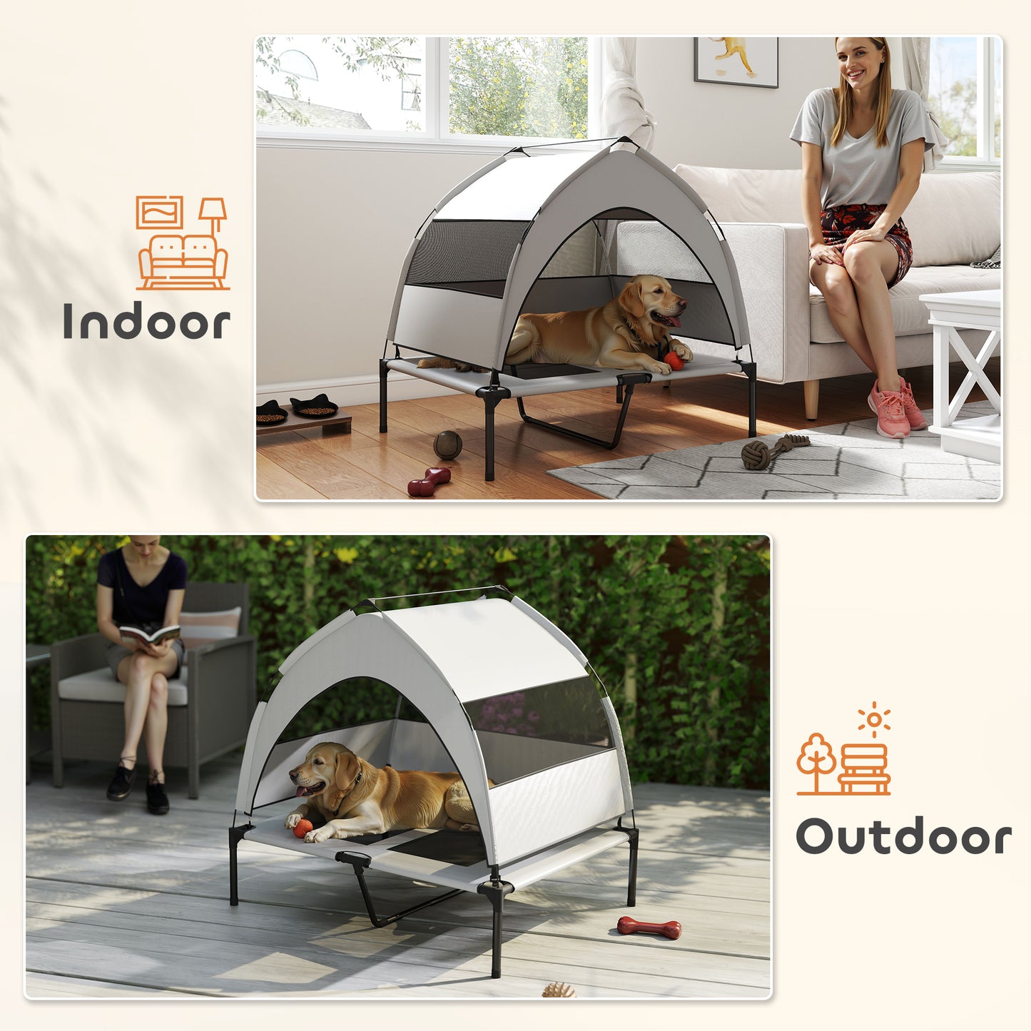 PawHut Portable Elevated Dog Bed with Removable Canopy, Cooling Raised Pet Cot for Medium Large Dogs, 92 x 75 x 89 cm