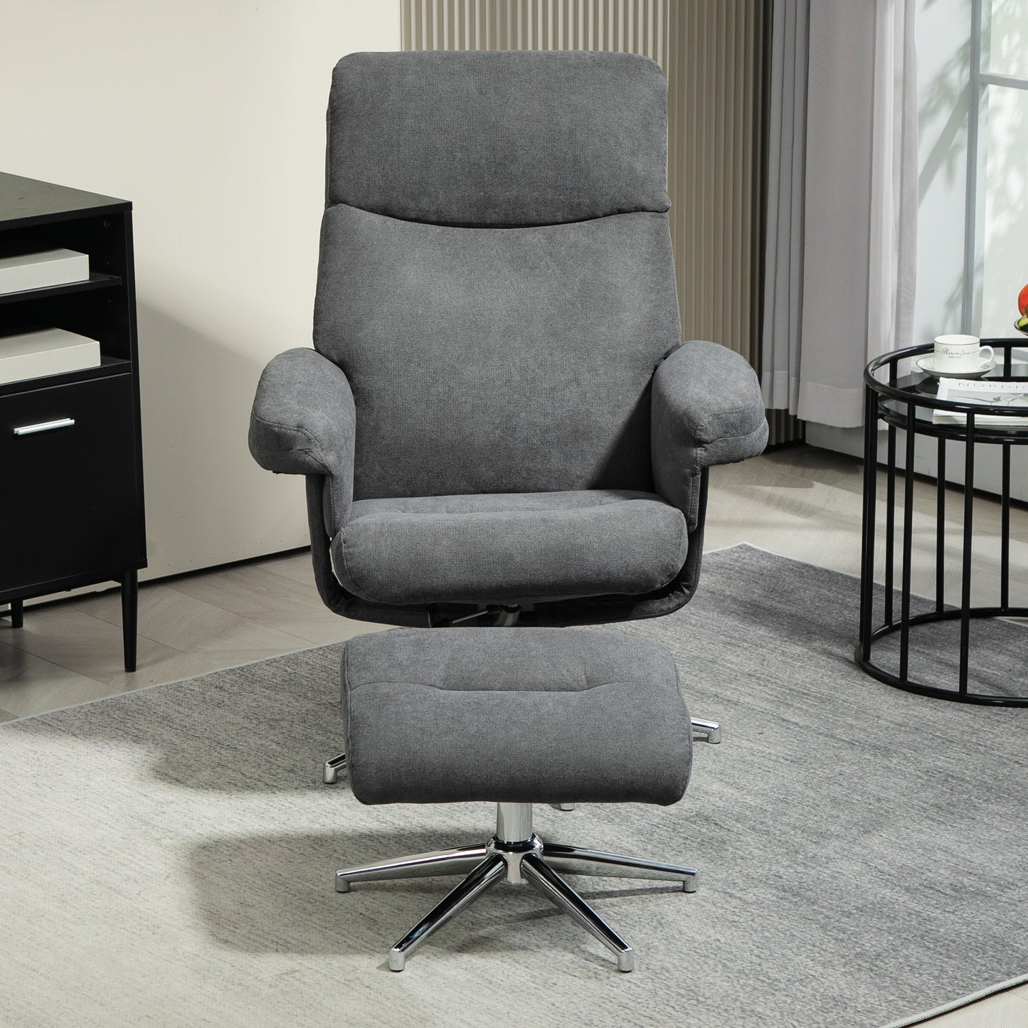 HOMCOM Recliner Chair with Footstool, Upholstered Velvet Fabric Armchair with Adjustable Back, Solid Wood Frame for Living Room, Charcoal Grey