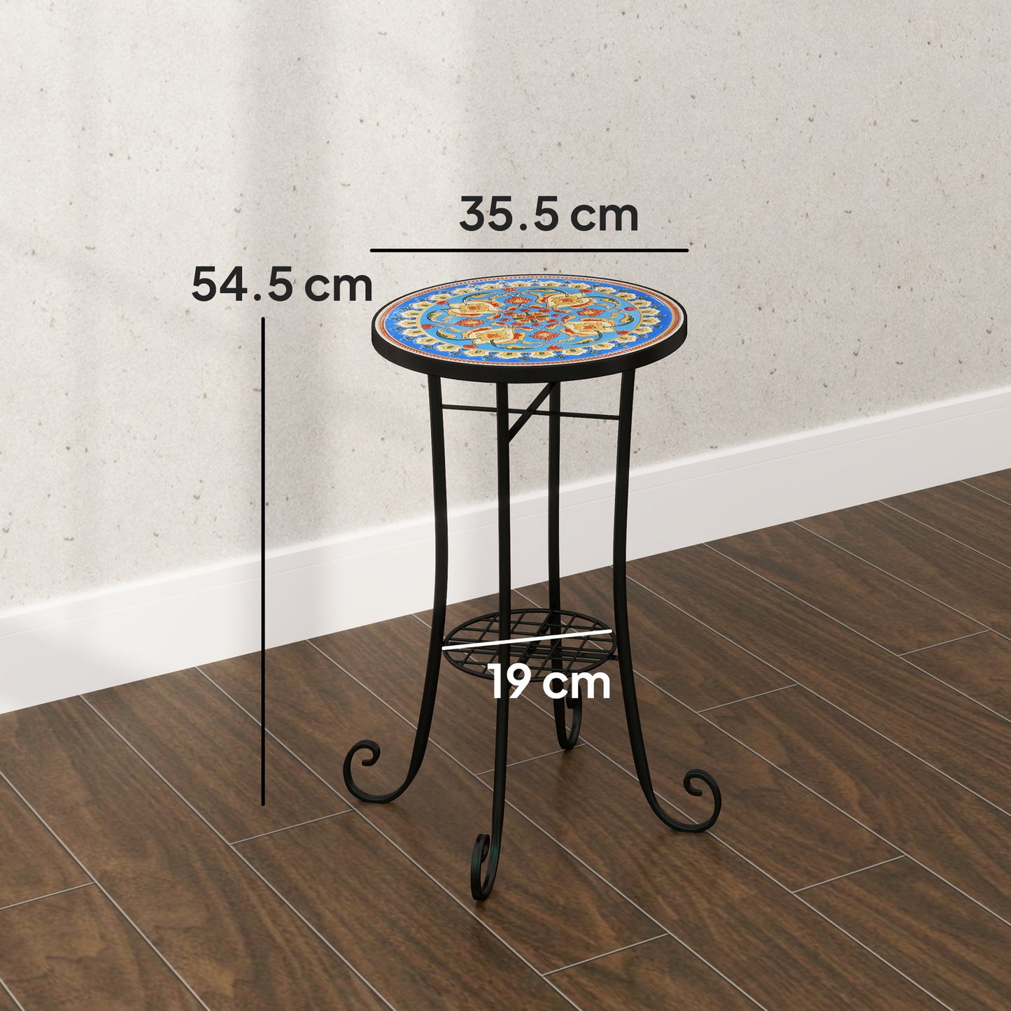Outsunny Mosaic Garden Table, 35.5 cm Round, Ceramic Tile Top, Side Table/Plant Stand, Blue for Patio/Balcony