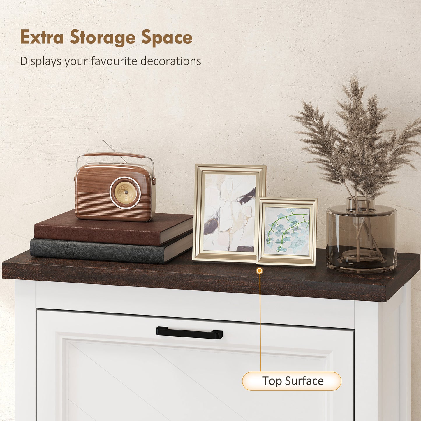 HOMCOM Shoe Cabinet with 2 Flip Drawers, Farmhouse Narrow Shoe Storage Cabinet with Adjustable Shelves, White