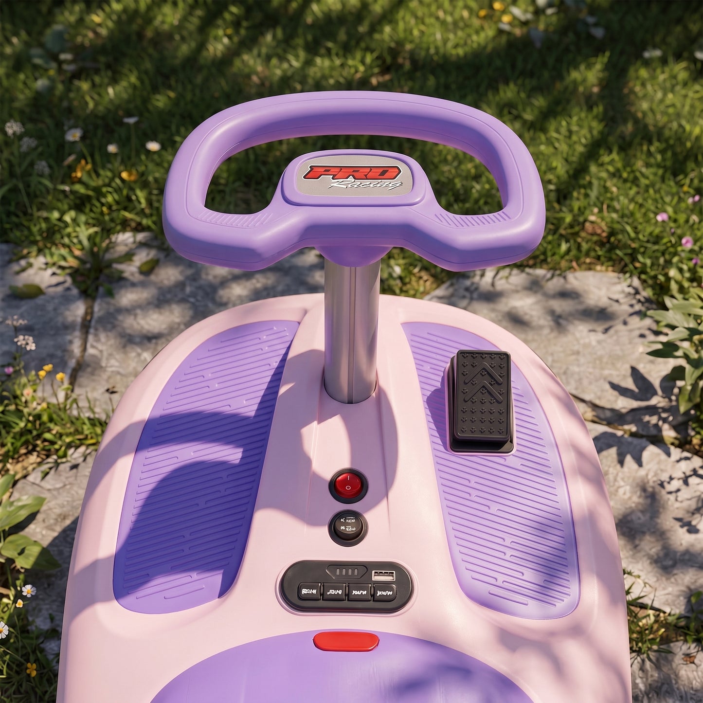 AIYAPLAY 12V Electric Wiggle Car with Pedal, Kids Electric Car with 2 Speeds, Soft Start, Music, Lights for 3-5 Years, Purple