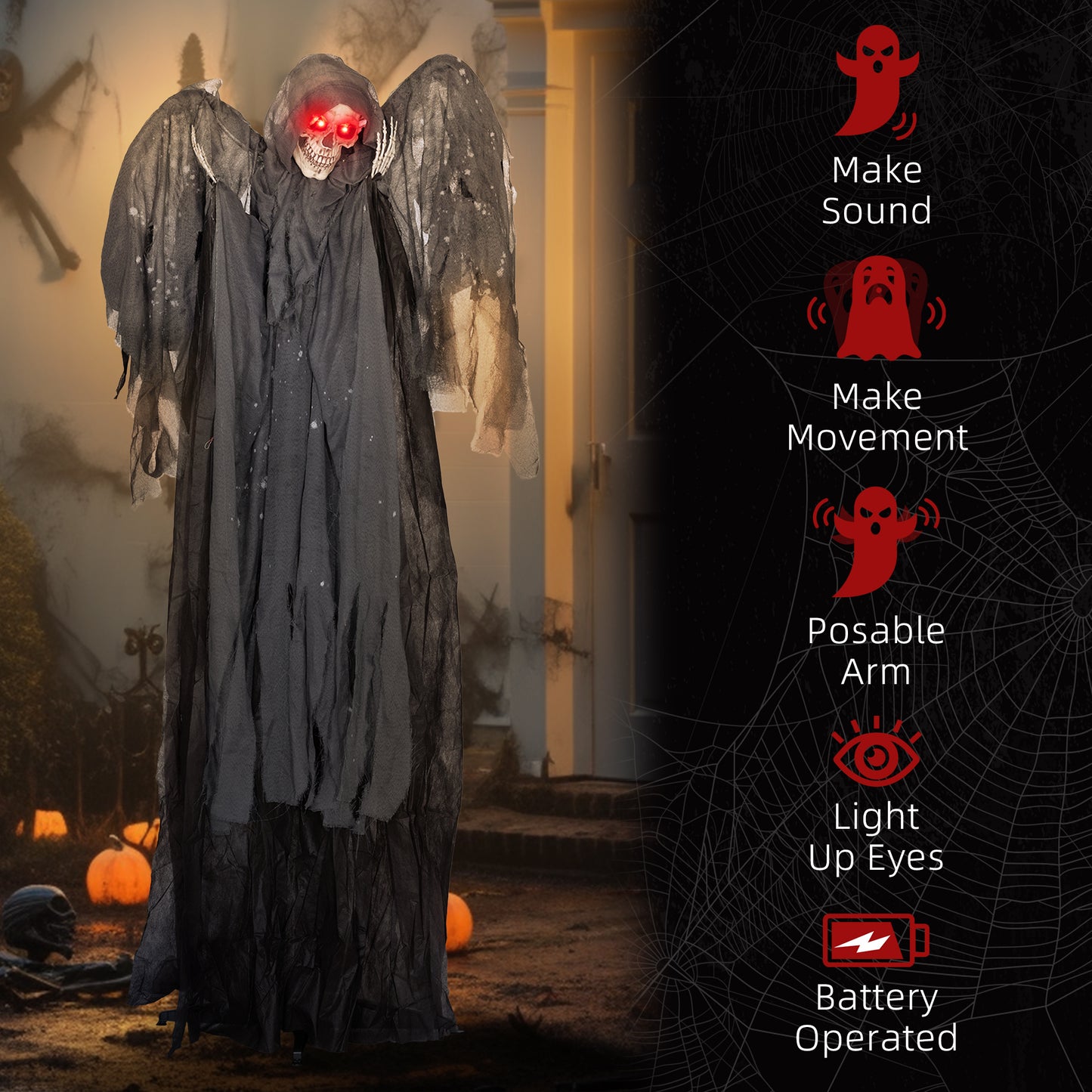 HOMCOM 195cm Winged Grim Reaper Halloween Animatronic with Sound, Lights, and Effects