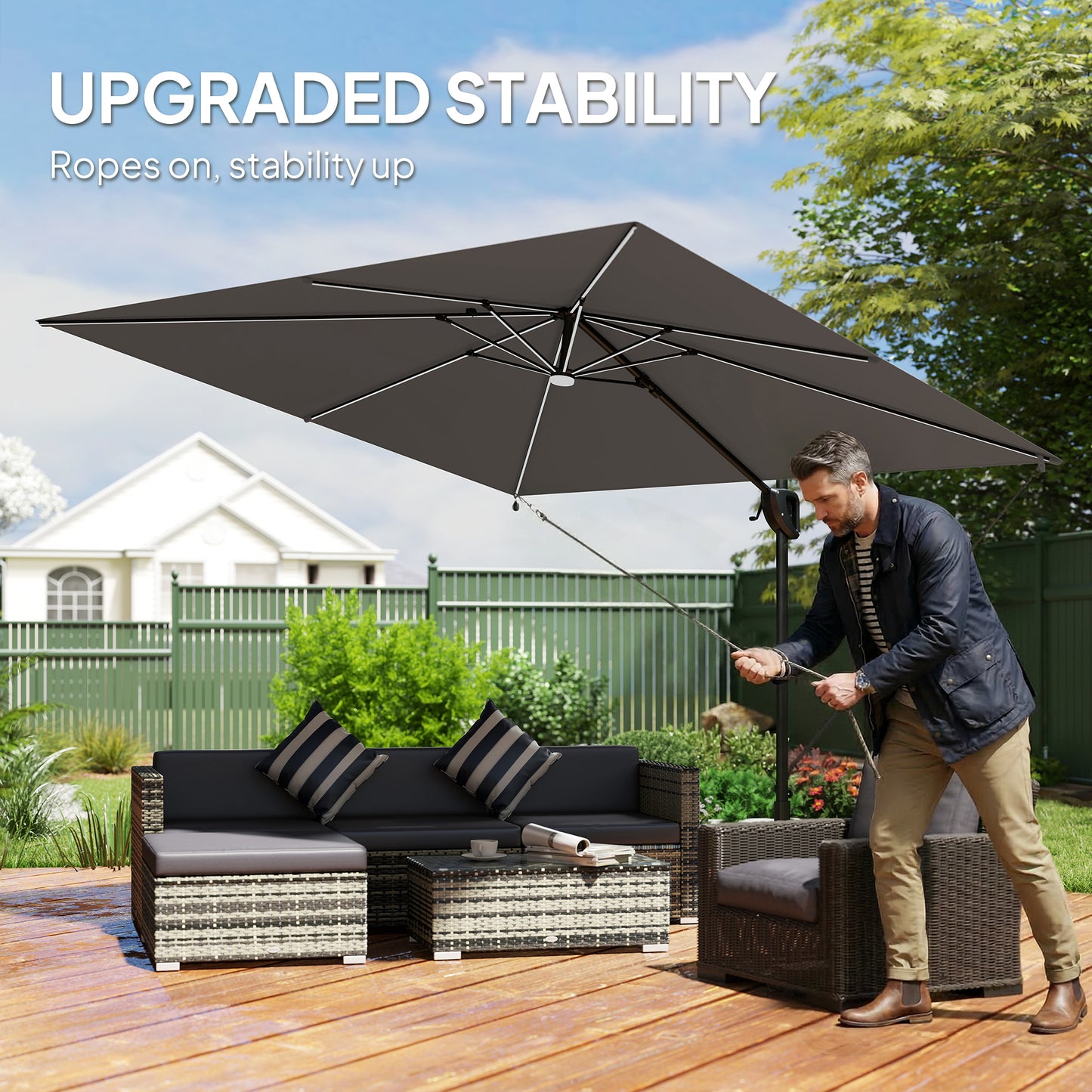 Outsunny 3 x 3 m Garden Cantilever Parasol w/ Light, Cover, UPF50+ Patio Umbrella w/ Wind Protection, 360° Rotation, Dark Grey