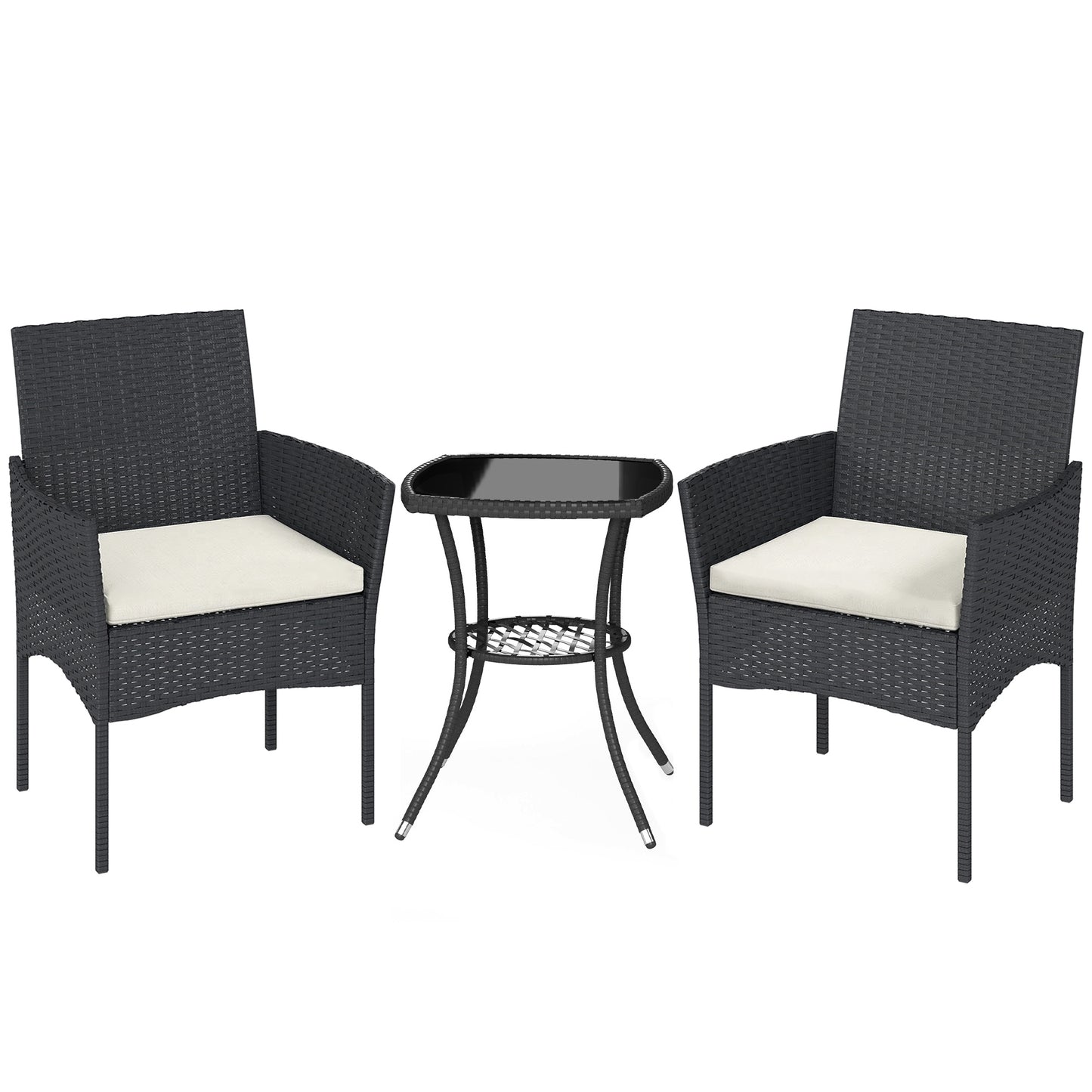 Outsunny 3 Piece Rattan Bistro Set, PE Wicker Garden Furniture Conversation Set with 2 Tier Glass-Top Table, Chairs, Cream White
