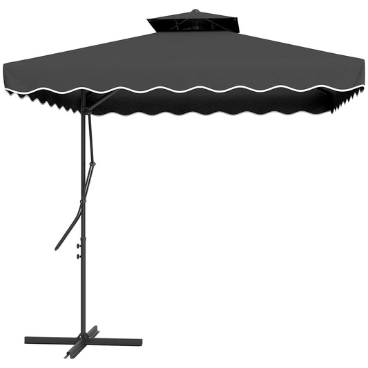Outsunny 2.5m Cantilever Parasol with Easy Lever, Double Top, Ruffles, Cross Base, Overhanging Outdoor Sun Shade, Black