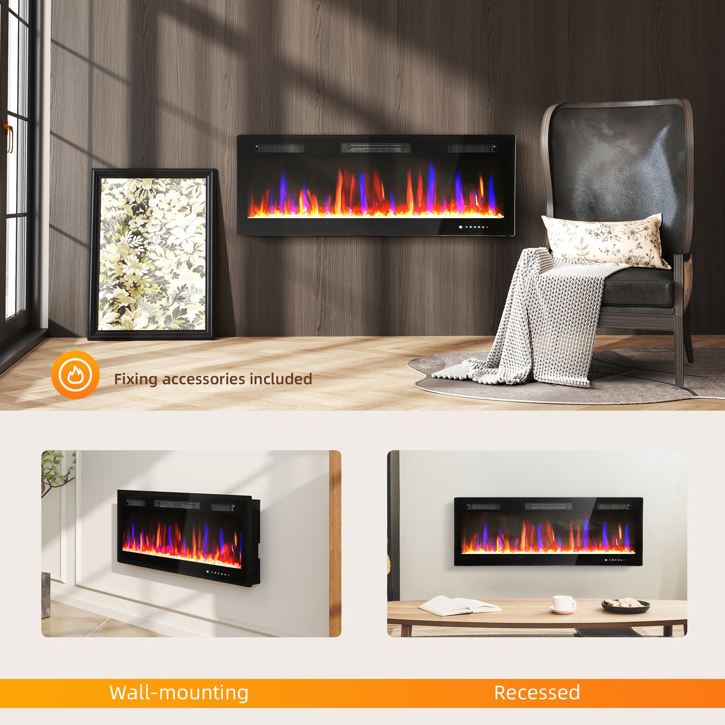 HOMCOM 50" Ultra-Slim Electric Fireplace, Wall Mounted and Recessed, 900W/1800W