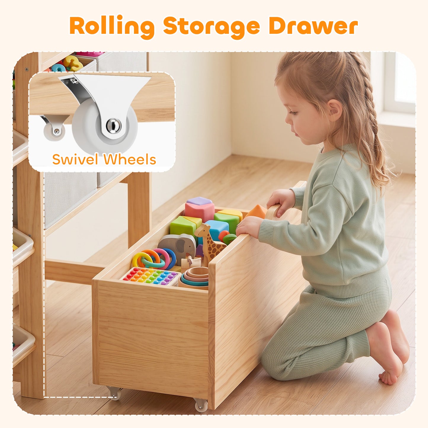 AIYAPLAY Wooden Toy Storage Unit with Rolling Toy Chest, 2 Fabric Drawers, 2 Shelves and 9 Bins for Bedroom, Playroom, Nursery