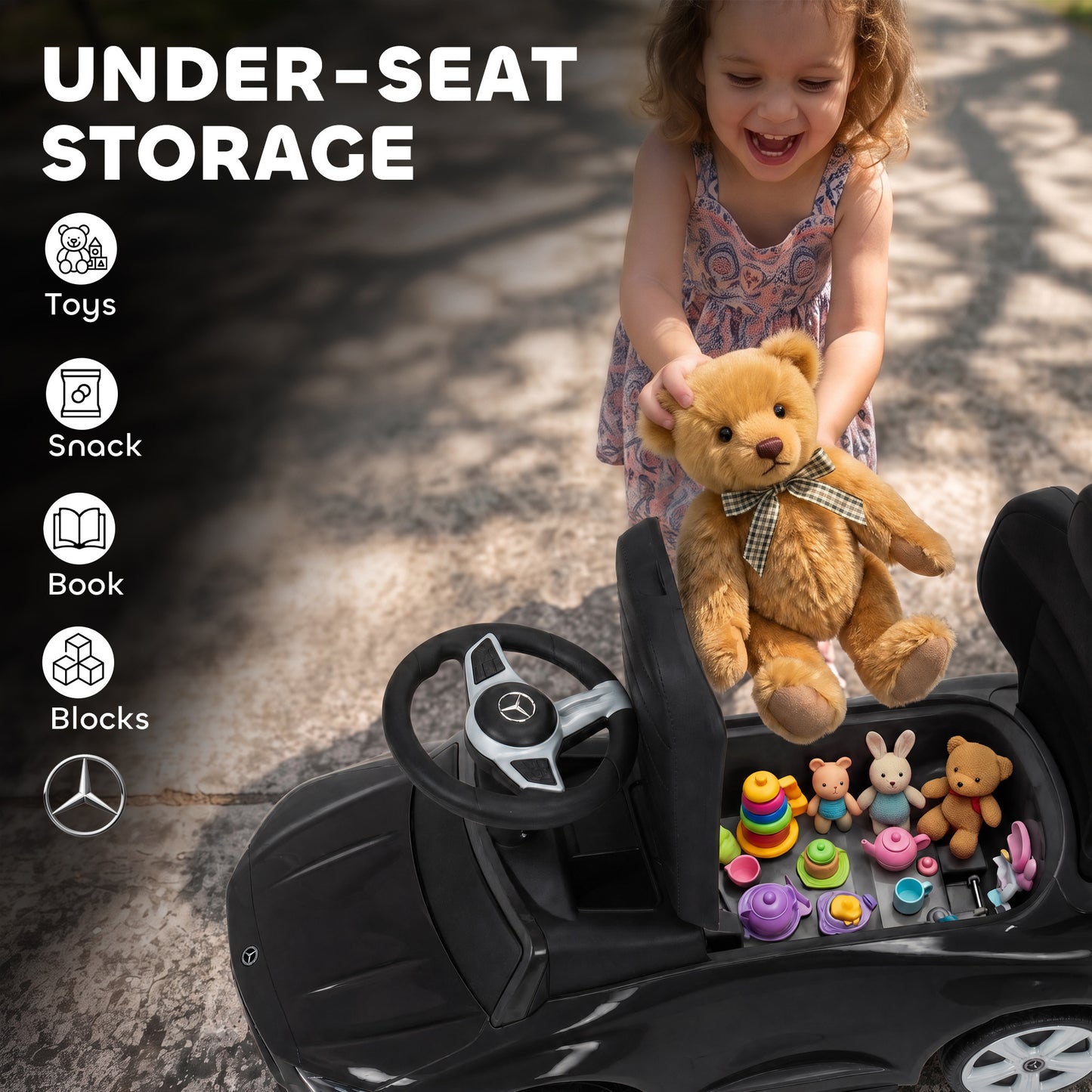 AIYAPLAY 4 in 1 Licensed Benz Ride on Push Car with Handle, Canopy, Guardrails, Horn, Music, Storage for 12-36 Months, Black